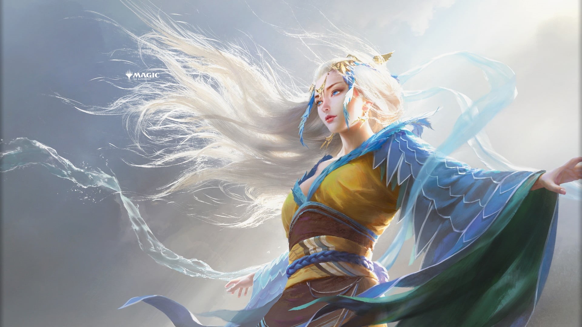 white hair, fantasy girl, fantasy art, blue eyes, Mu Yanling, Magic: The Gathering, 1080P, artwork, women, HD Wallpaper
