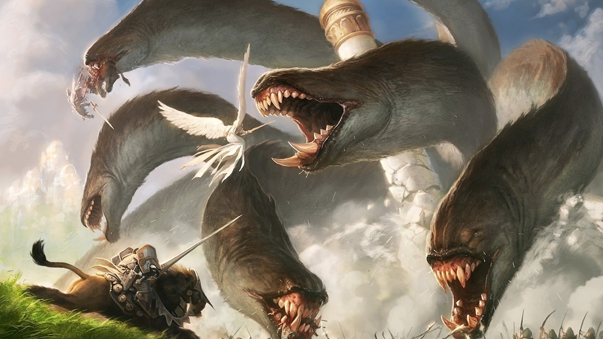 cloud - sky, 1080P, day, aggression, nature, digital art, water, creature, vertebrate, Magic: The Gathering, art and craft, fantasy art, animals in the wild, HD Wallpaper