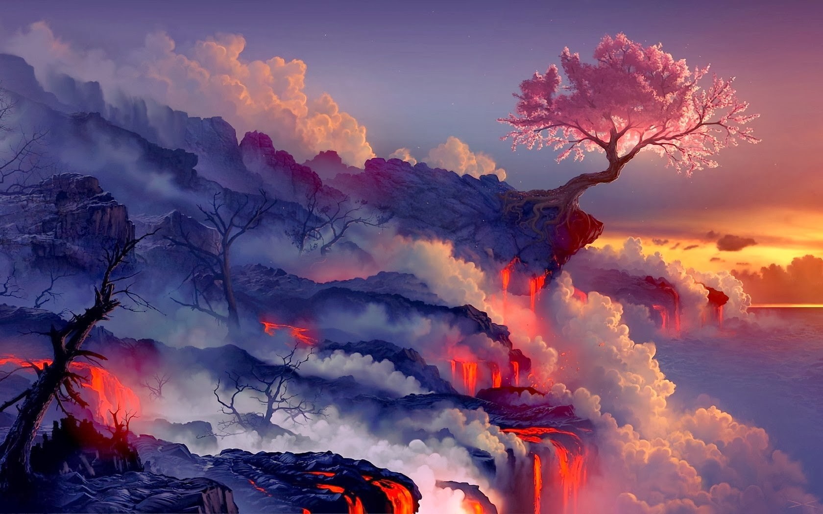 cherry blossom, 720P, fantasy art, lava, landscape, sunset, HD Wallpaper