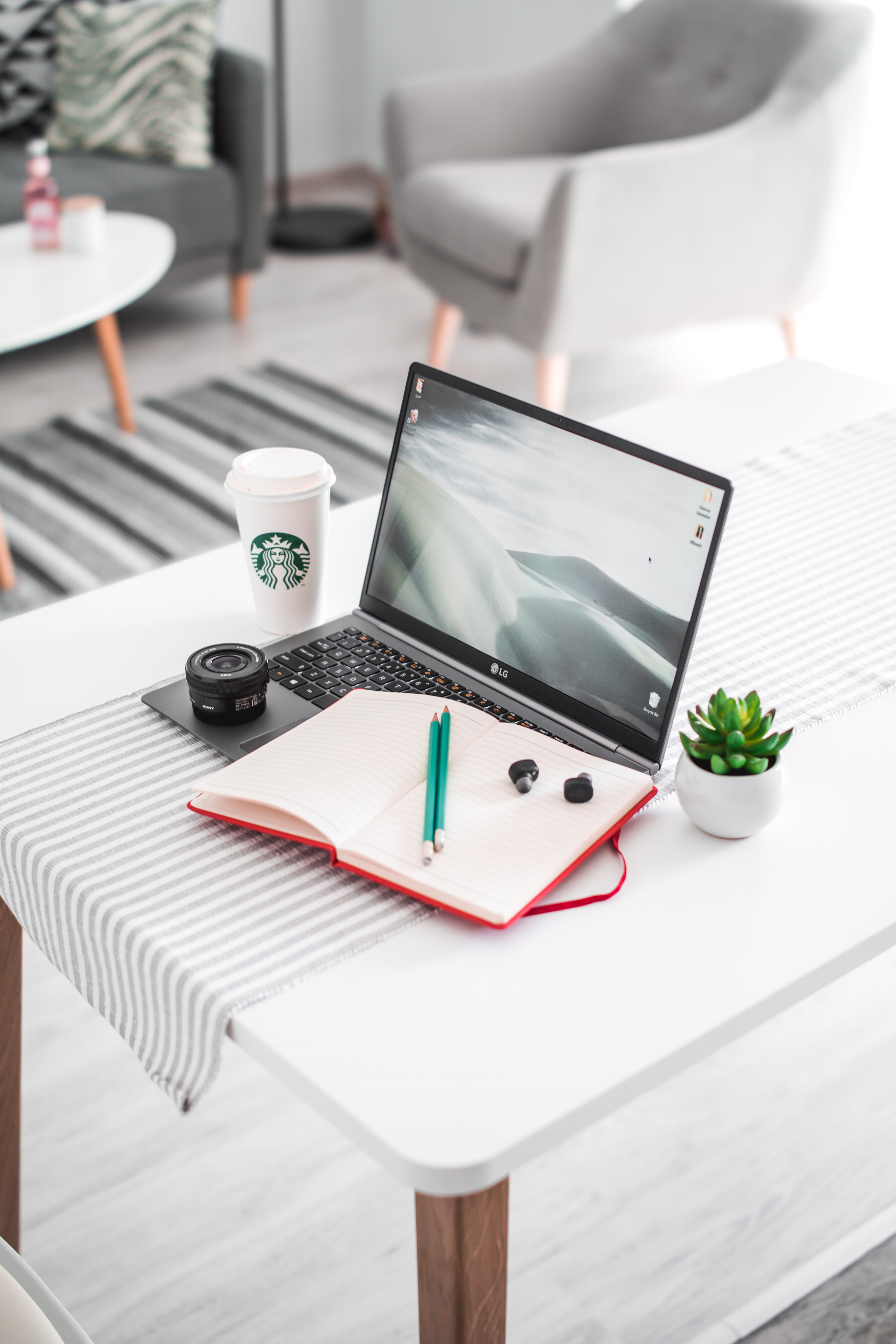 minimal, table, 5K, equipment, notepad, silver, desk, carpet, interior design, white, indoors, coffee, architecture, working, digital Tablet, Phone HD Wallpaper
