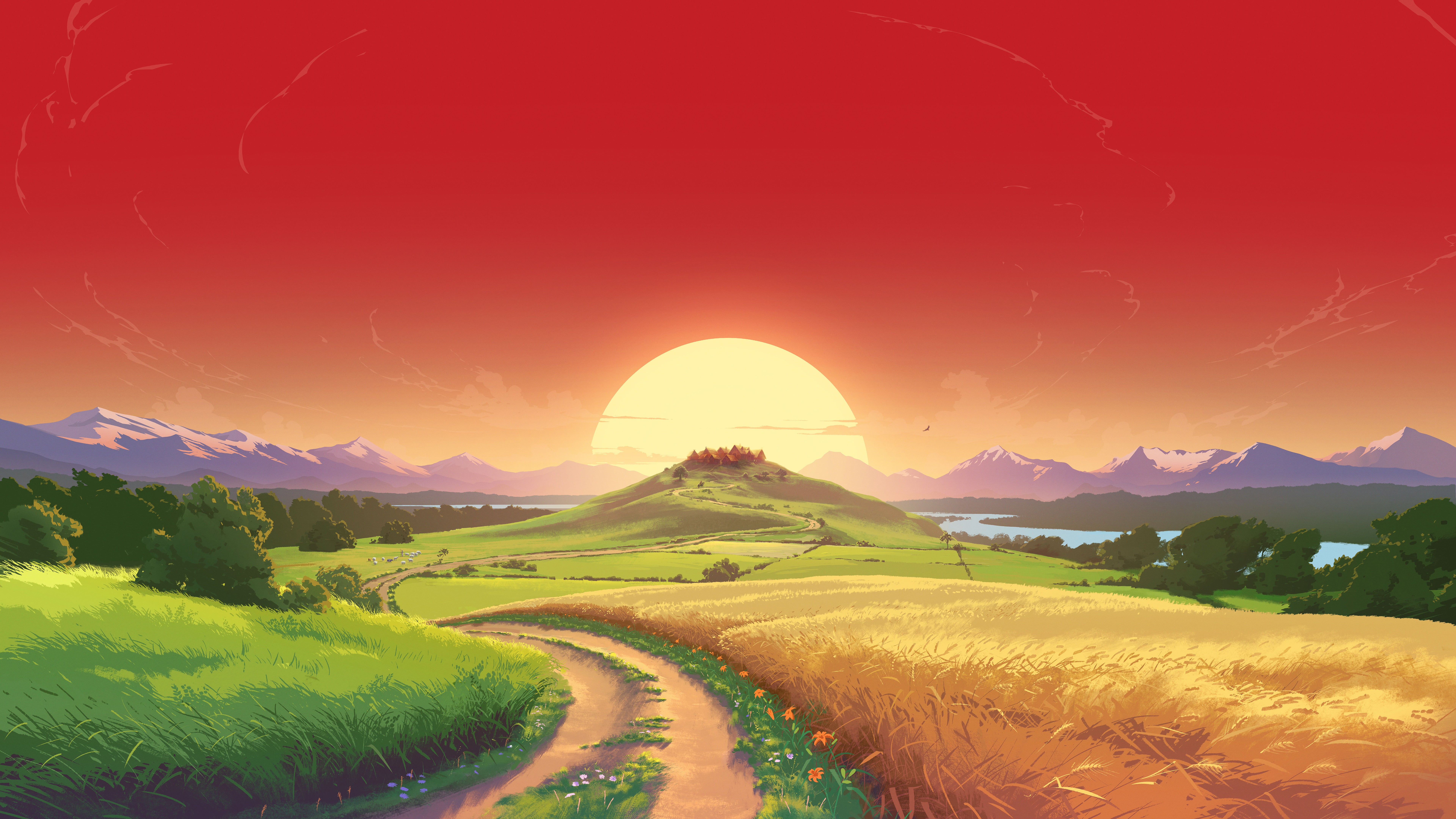 artwork, Dragon Quest Builders, video games, catan, hill, horse riding, 8K, landscape, nature, mountains, trees, fan art, dirt road, sunset, house, field, HD Wallpaper