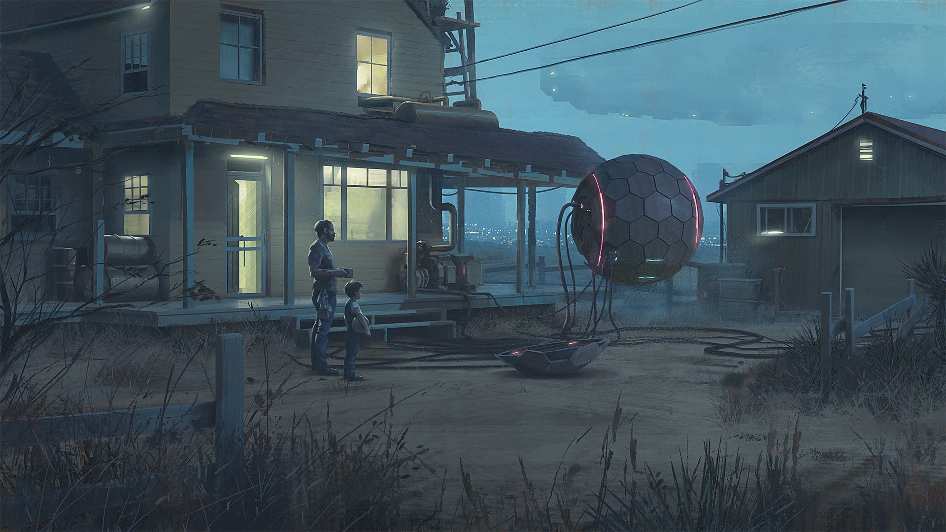 spaceship, city, farm, mist, Simon Stålenhag, grass, children, futuristic, 1080P, HD Wallpaper