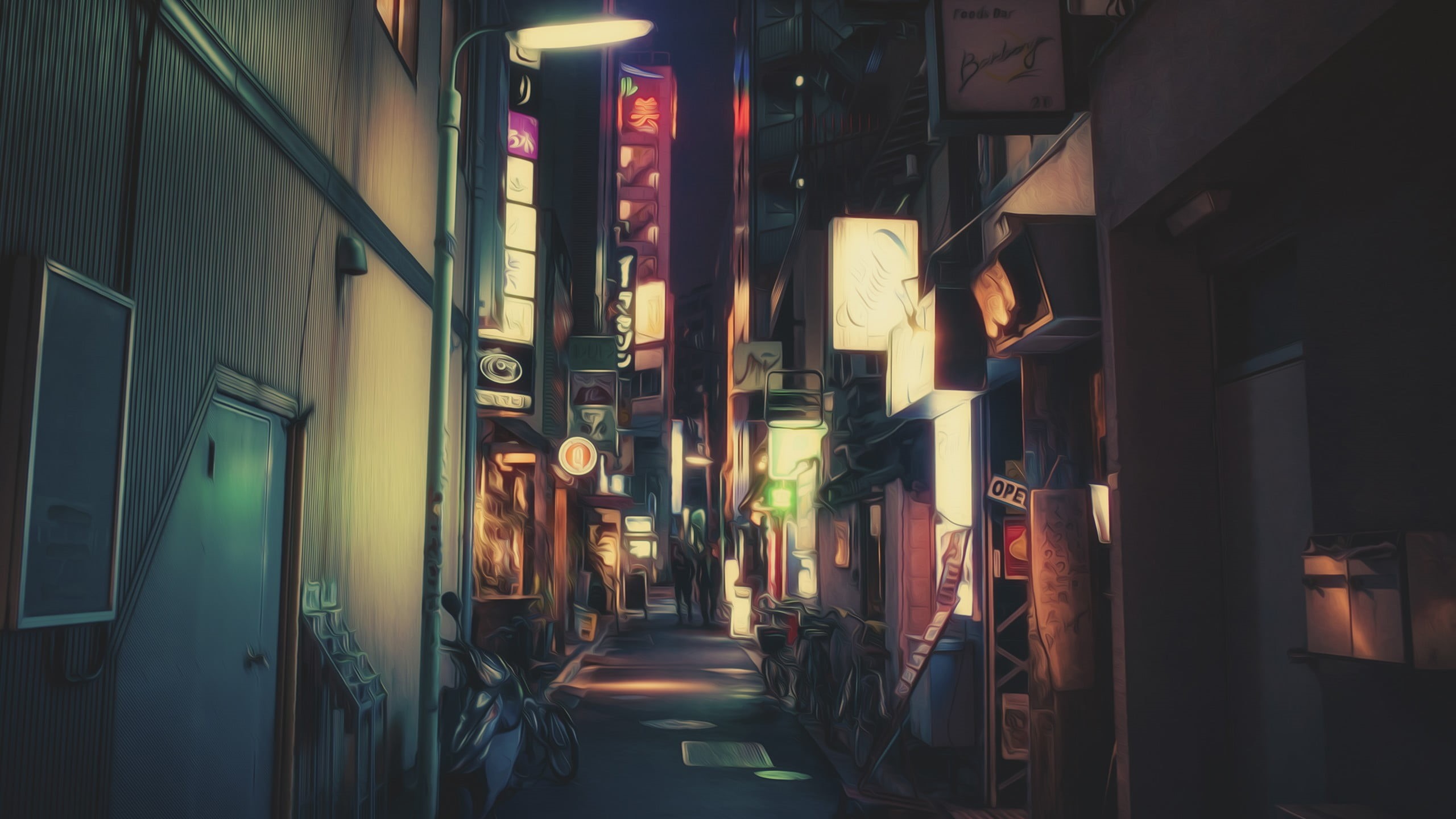 photo manipulation, narrow, sign, cabinet, neon lights, store, road, photography, wooden, the way forward, no people, city, building exterior, street, night, HD Wallpaper