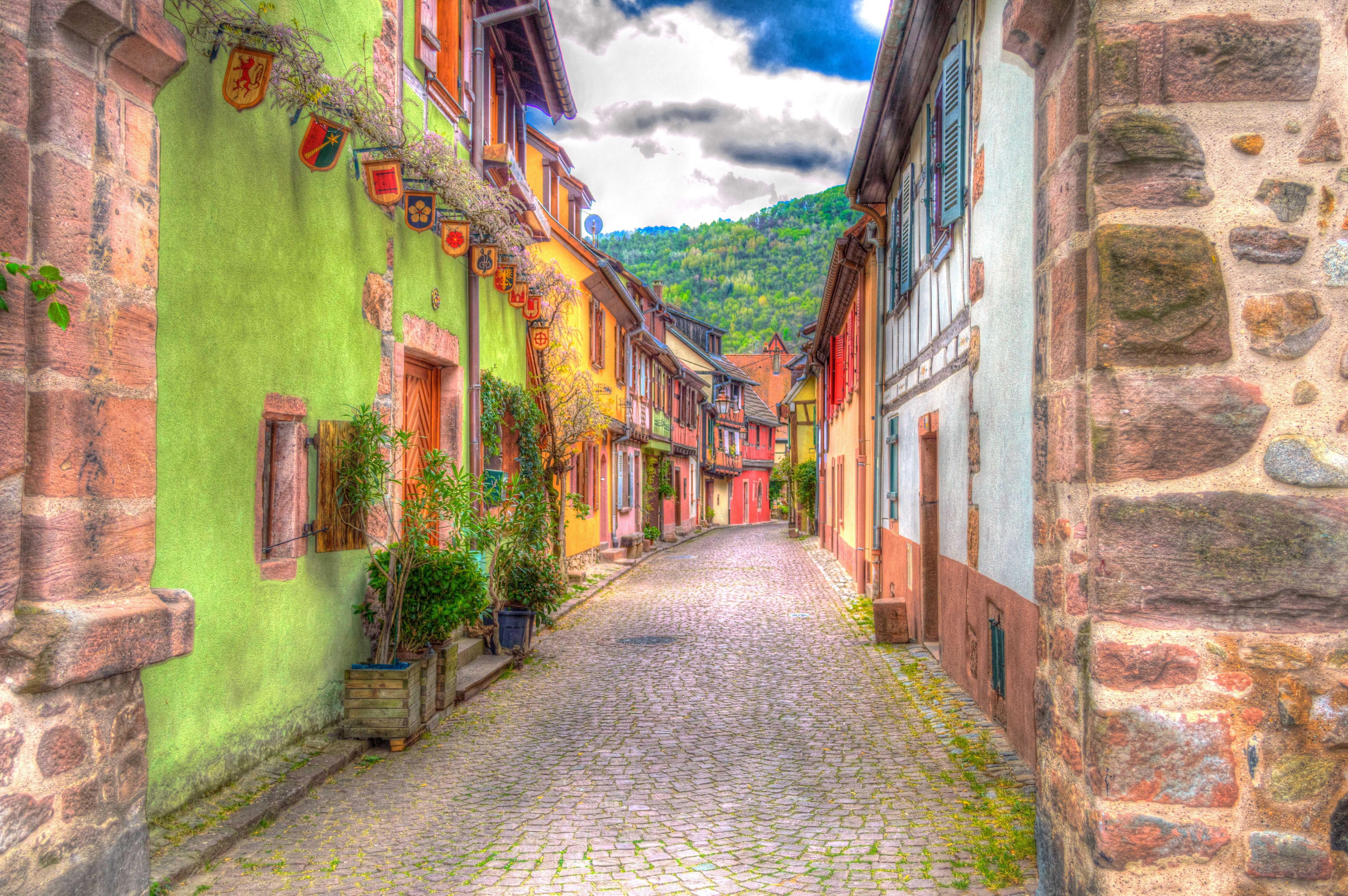 house, alley, direction, history, photo filter, cultures, no people, europe, urban Scene, painting, town, built structure, mountain, alsace, narrow, the way forward, HD Wallpaper