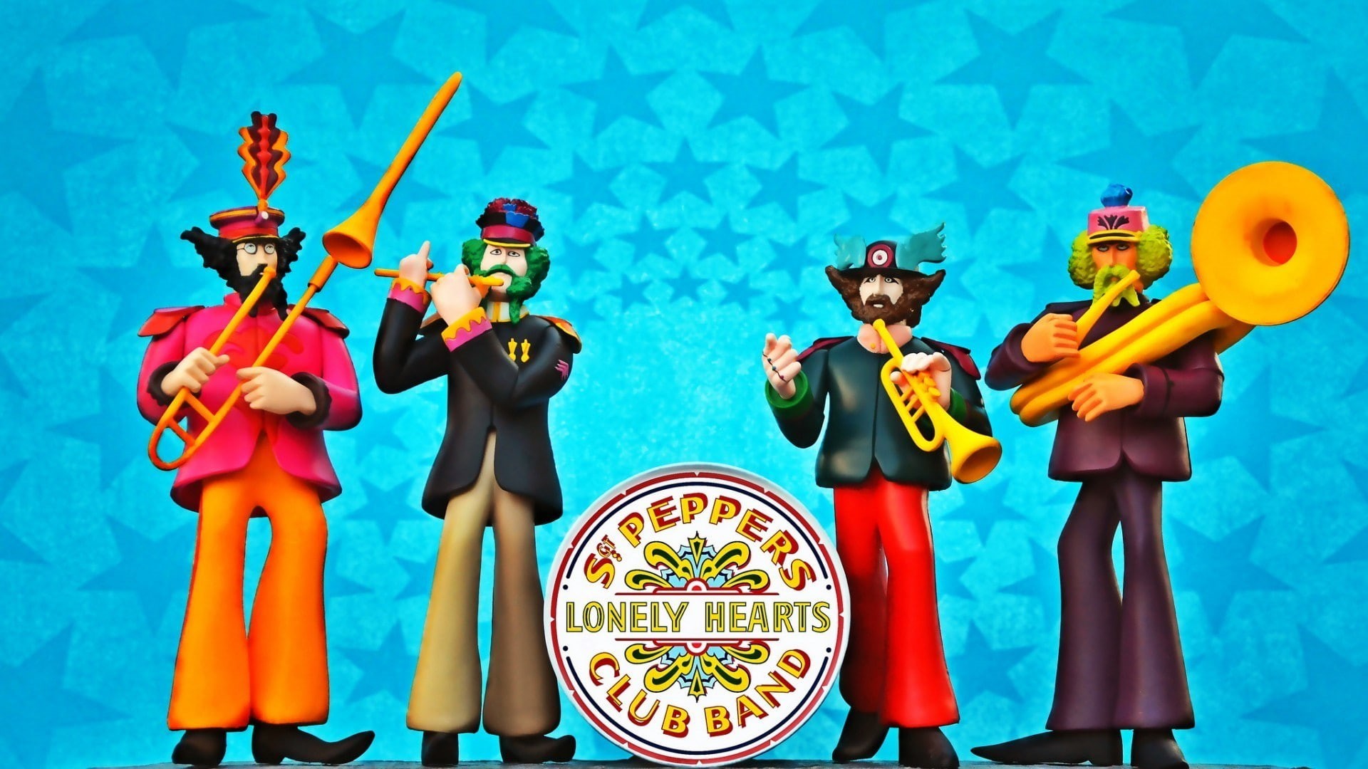 artwork men the beatles music musicians trumpets drums fan art 3d psychedelic playing album artwork stars legends colorful beards musical instrument, humor, HD Wallpaper