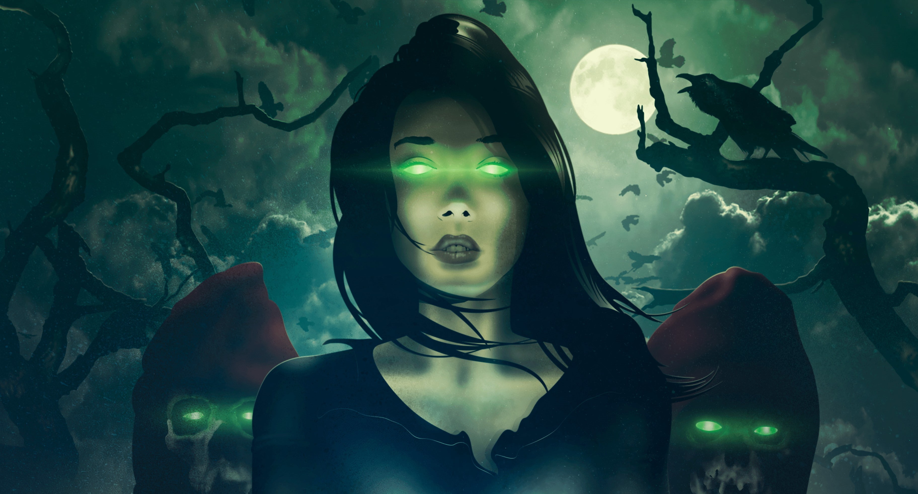 skeleton, fantasy Art, Dark, artwork, brunette, 2K, women, Album Covers, Green Eyes, HD Wallpaper