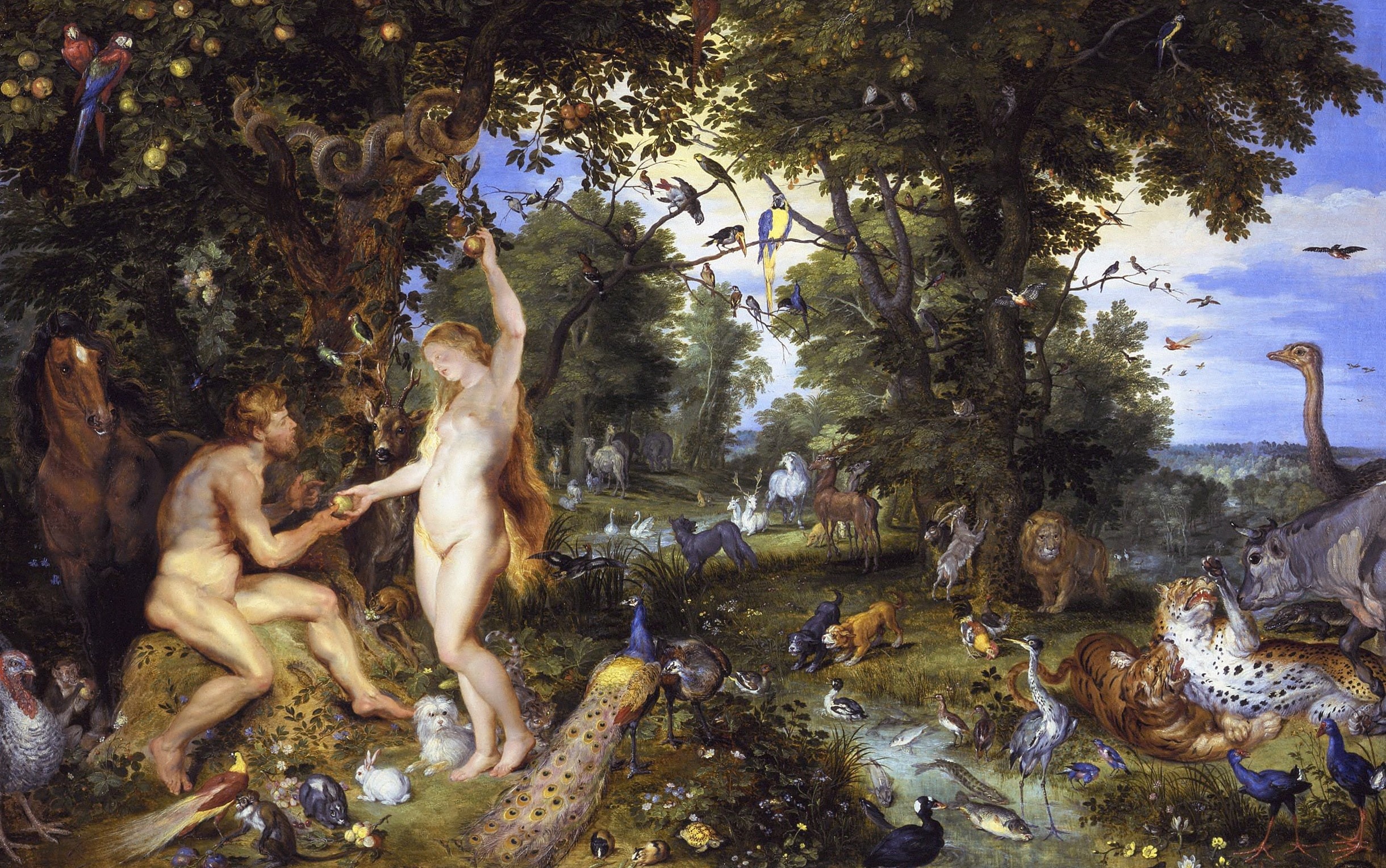Pieter Paul Rubens, animals, Jan Brueghel the elder, Adam, The Garden of Eden with the Fall of Man, Eva, picture, mythology, Peter Paul Rubens, 1080P, HD Wallpaper