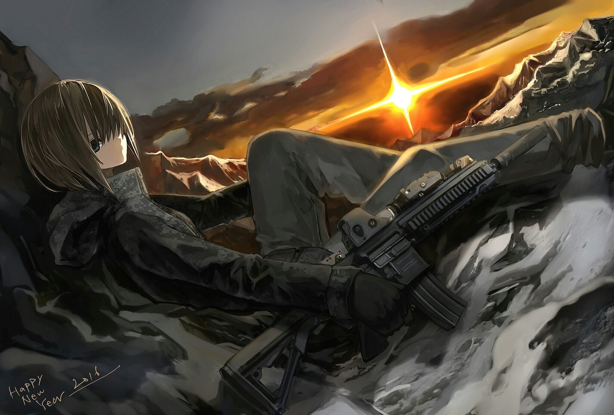 1080P, anime girls, weapon, anime, Sun, 2016 (Year), HD Wallpaper