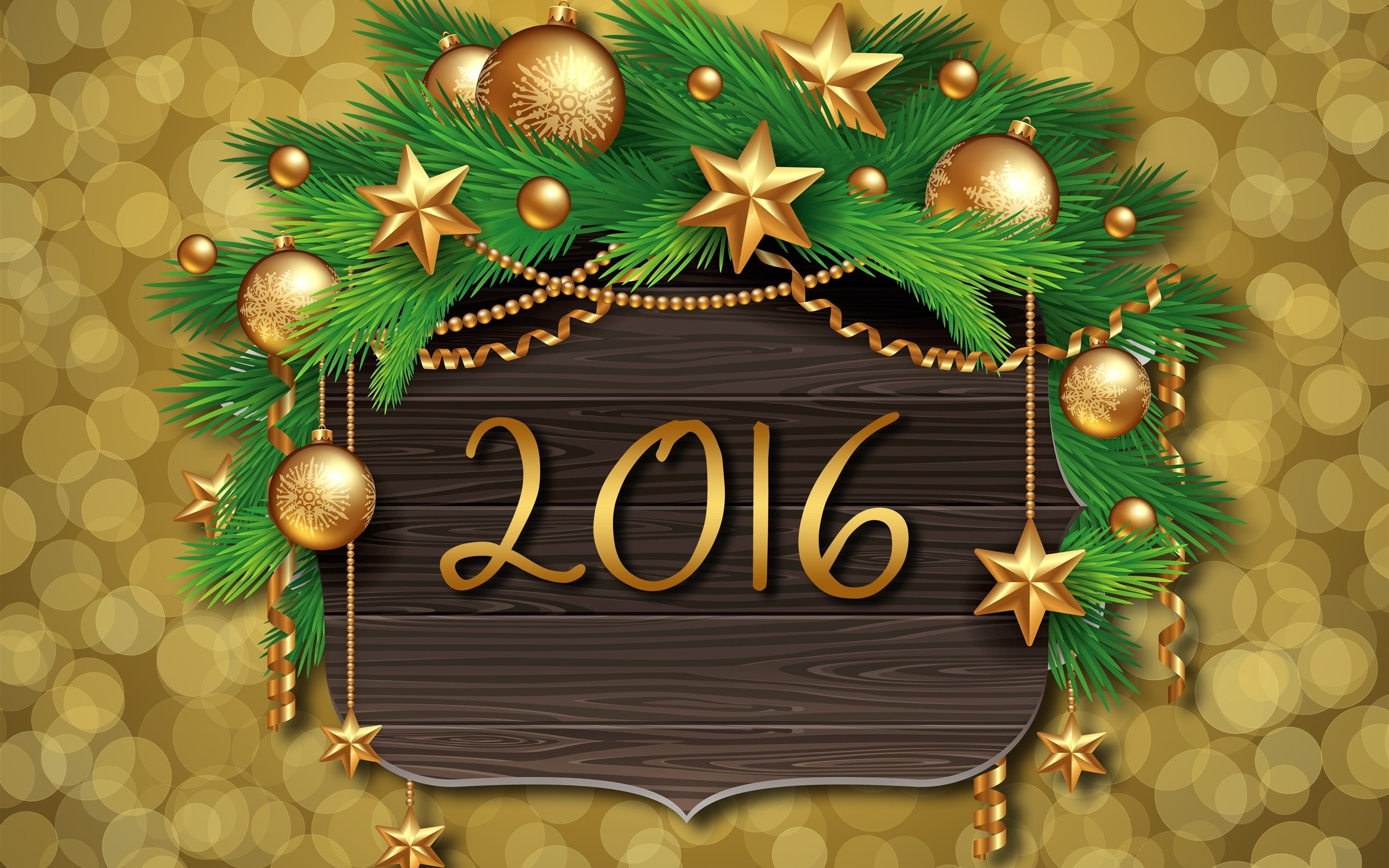 Christmas, Balls, Year, Happy, New, 2K, 2016, Golden, HD Wallpaper