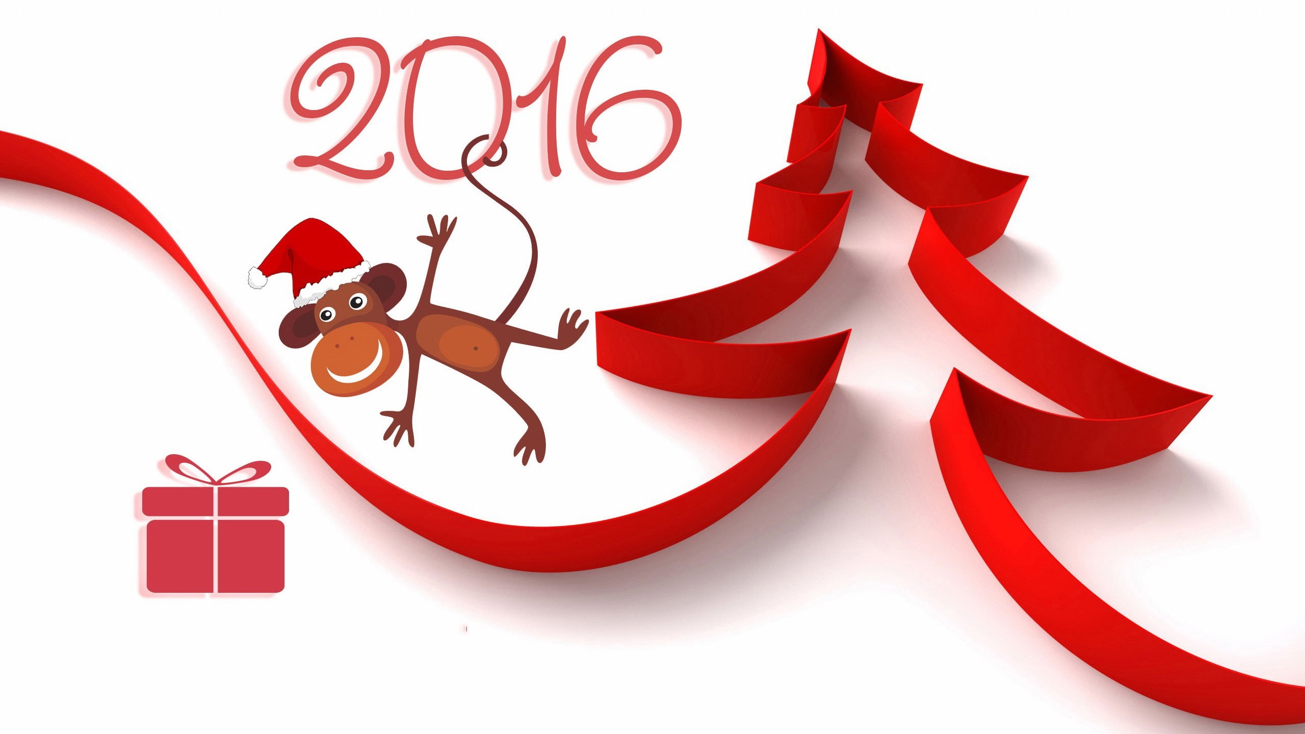 bow, red monkey, figures, ribbon, monkey, red, year, new year, year of the monkey, 2016, drawing, Personas by lolita777, box, gift, tree, 2K, white background, HD Wallpaper