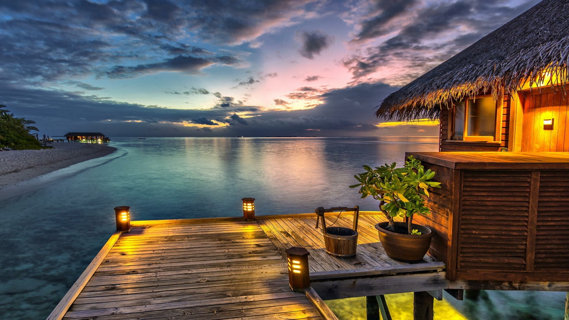 built structure, resort, dusk, wood - material, water, reflection, outdoors, scenics - nature, sky, seat, maldives, swimming pool, no people, sunset, romantic, HD Wallpaper