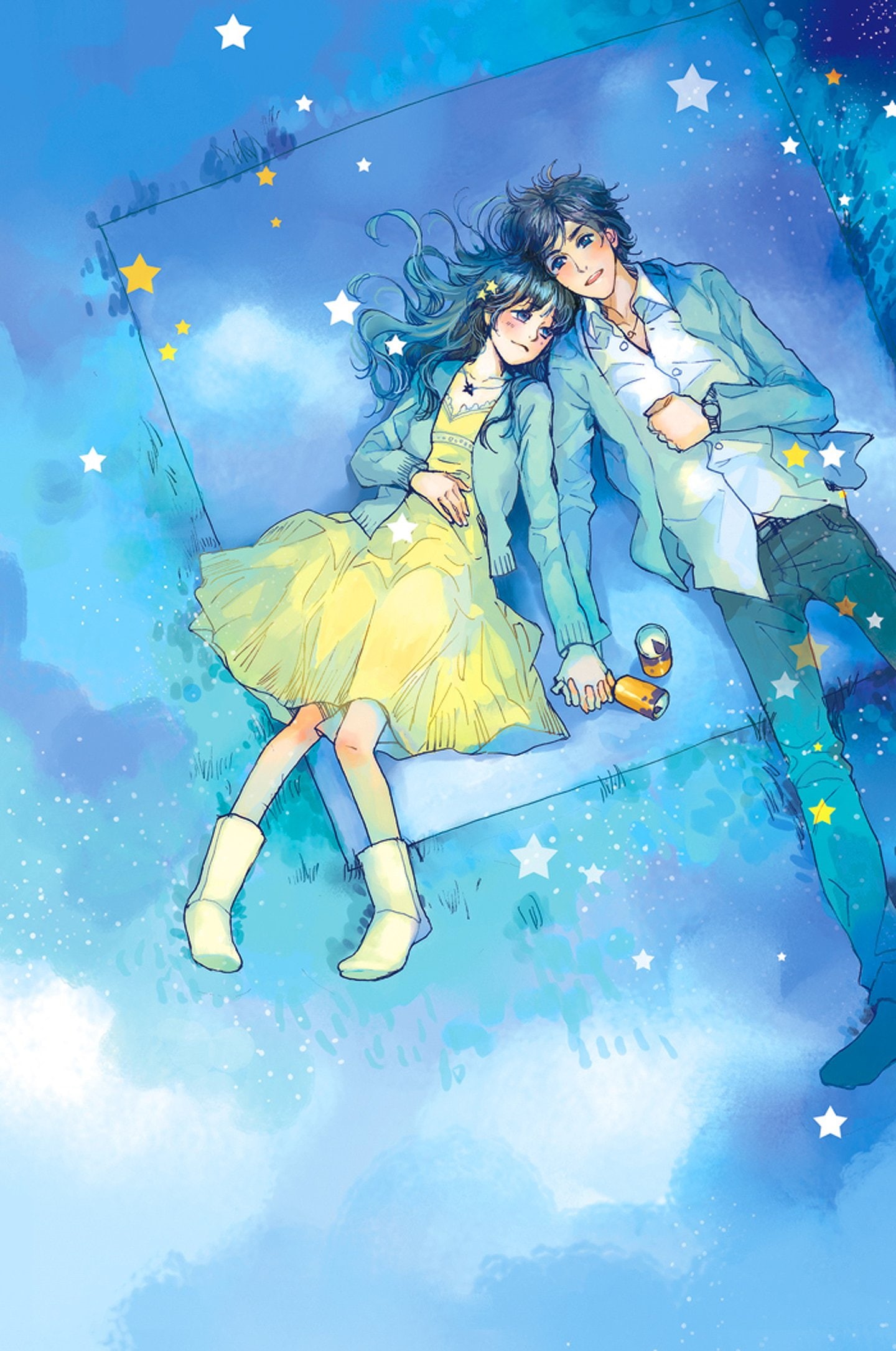 boy, dress, yellow, couple, sky, romantic, love, 1080P, picnic, anime, stars, pretty, blue, cute, Phone HD Wallpaper