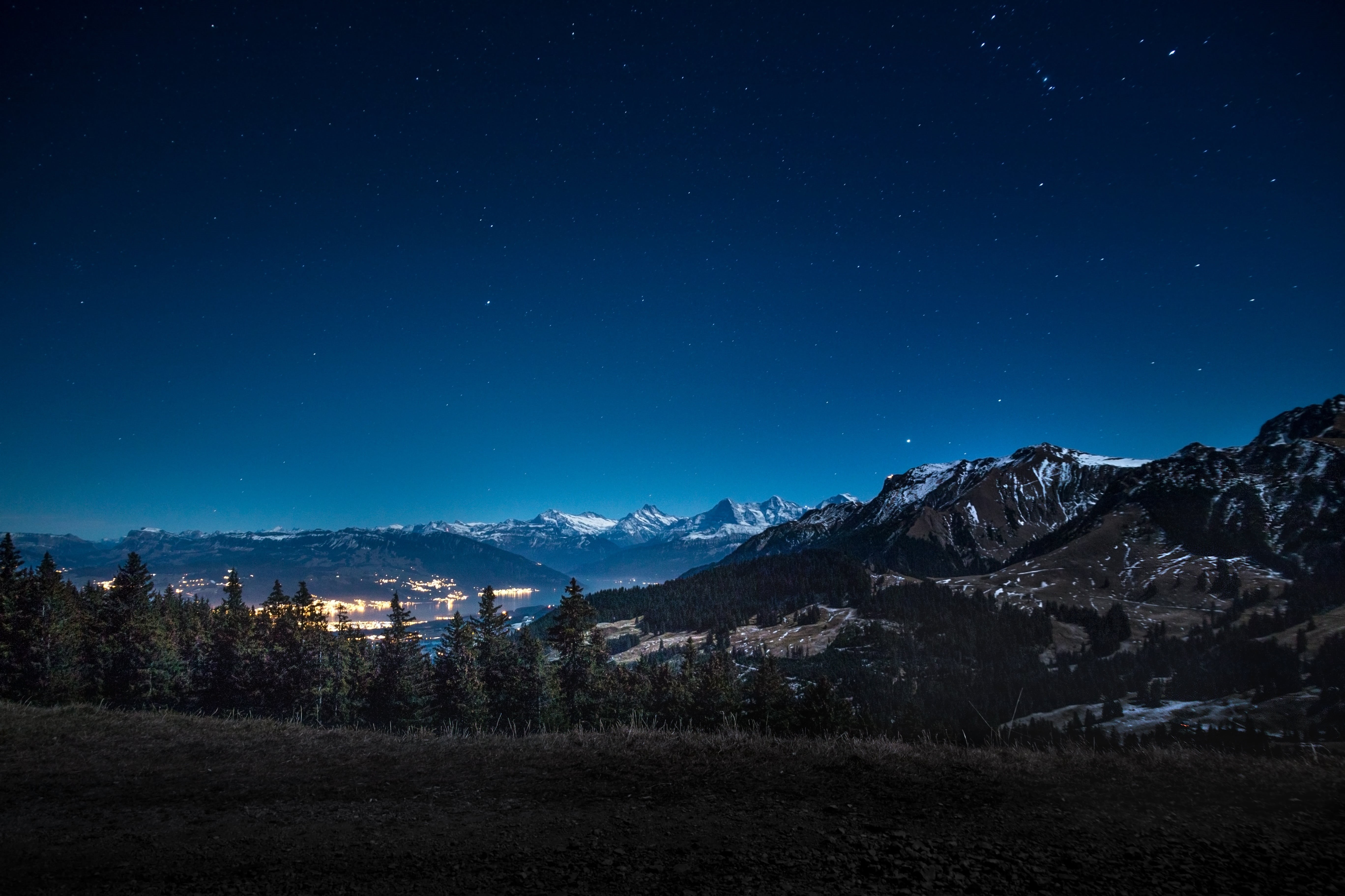 mood, snow, mystical, waters, foothills of the, beauty in nature, star, alpine, mountain, city, silent, thun, outlook, space and astronomy, gurnigel, environment, HD Wallpaper