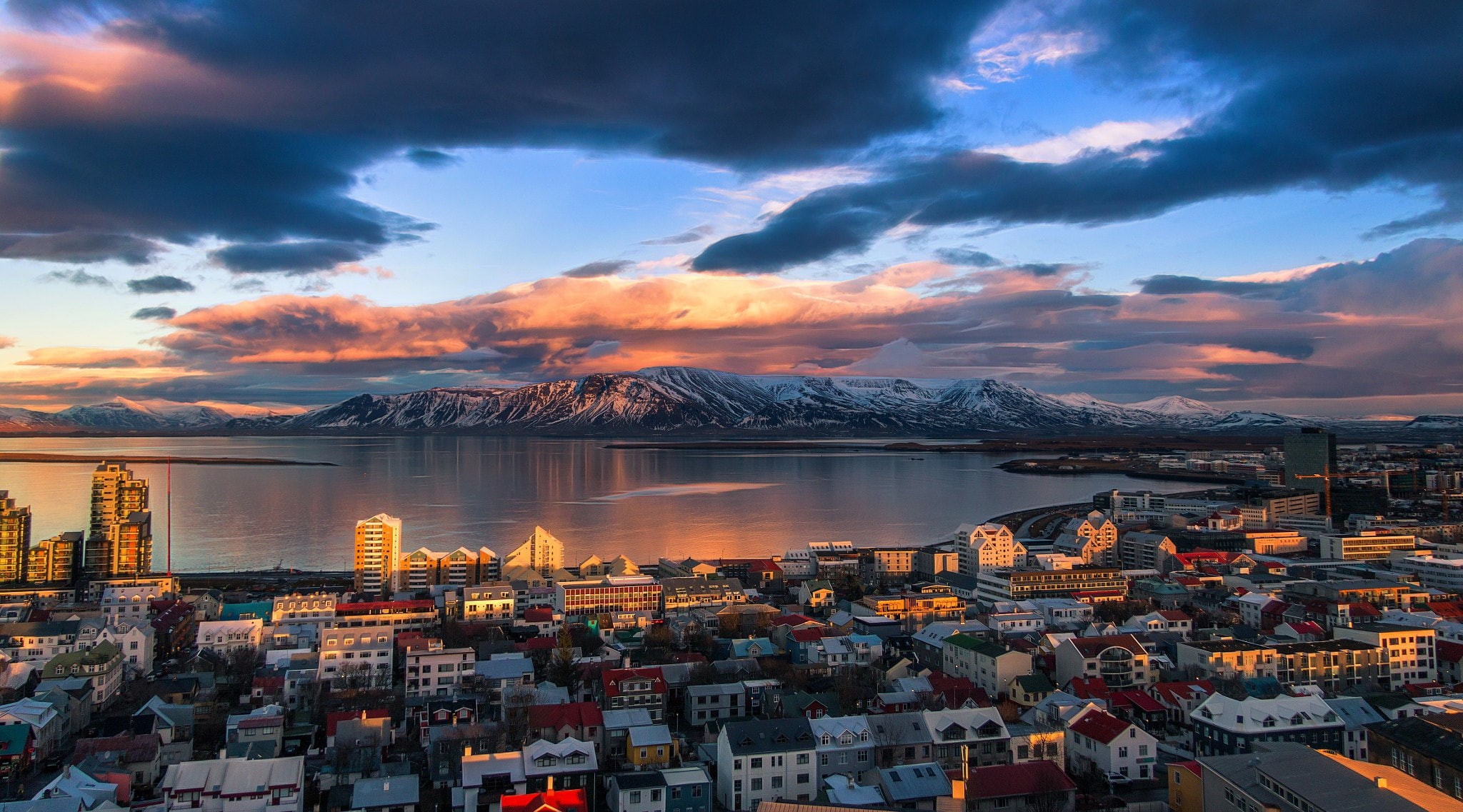 the fjord, light, the city, Iceland, 1080P, Reykjavik, mountains, HD Wallpaper