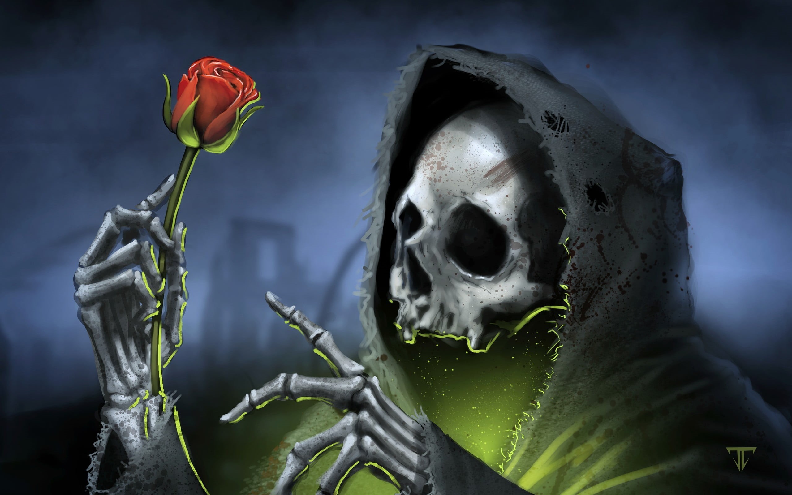 fantasy art, human skeleton, digital, sadness, art and craft, death, skull, rose - flower, flowering plant, green color, flower head, dark, emotion, HD Wallpaper