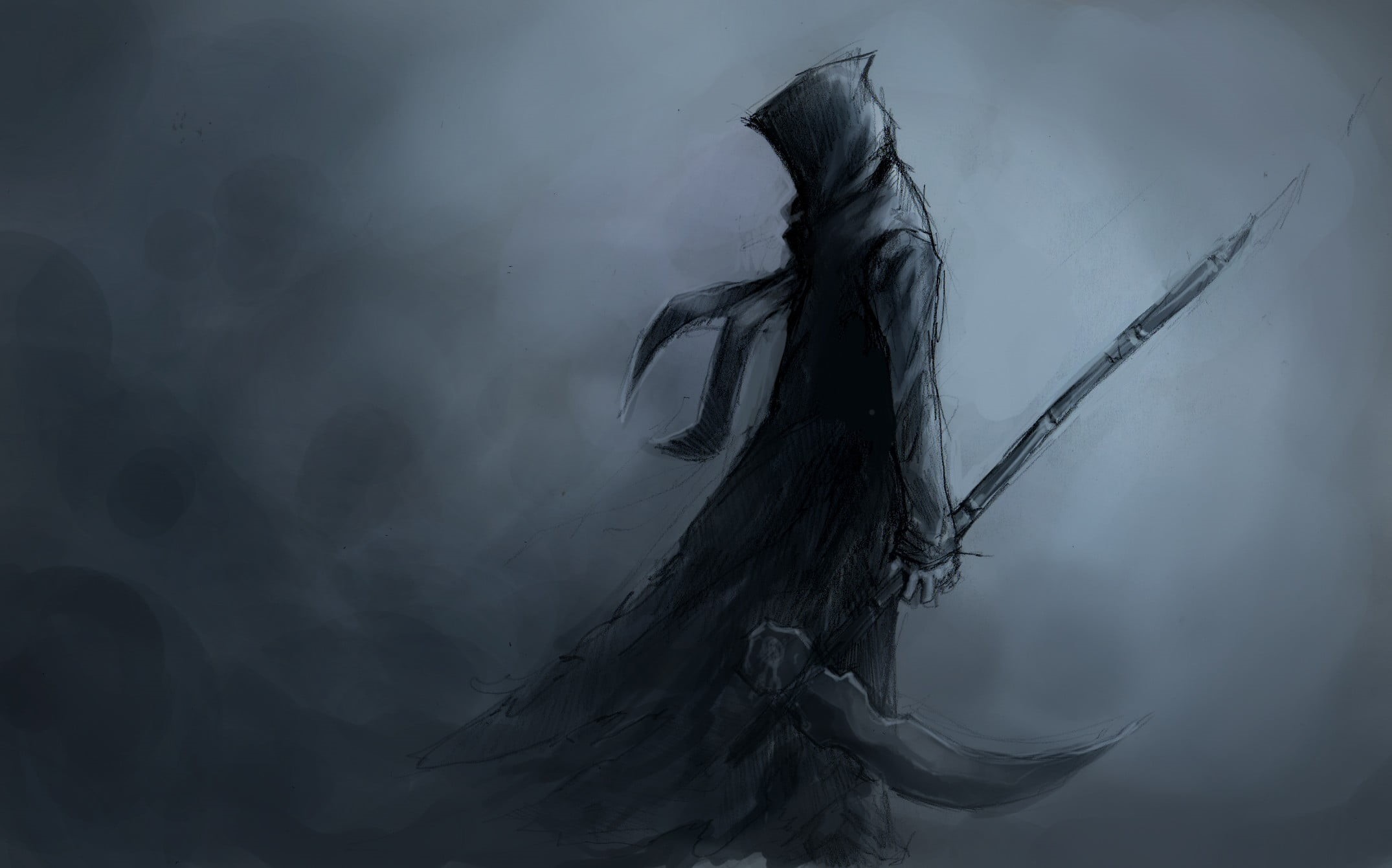 wind, mystery, dark, human hair, death, gray background, hair, motion, long hair, headshot, 1080P, clothing, environment, reaper, portrait, adult, outdoors, HD Wallpaper
