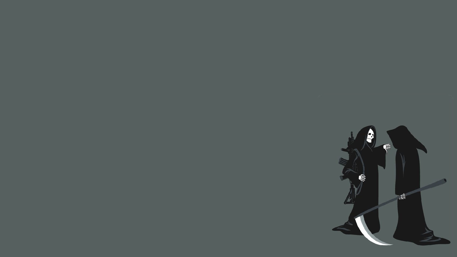 simple background, people, activity, women, two people, day, photography themes, standing, assault rifle, scythe, full length, minimalism, copy space, skeleton, HD Wallpaper