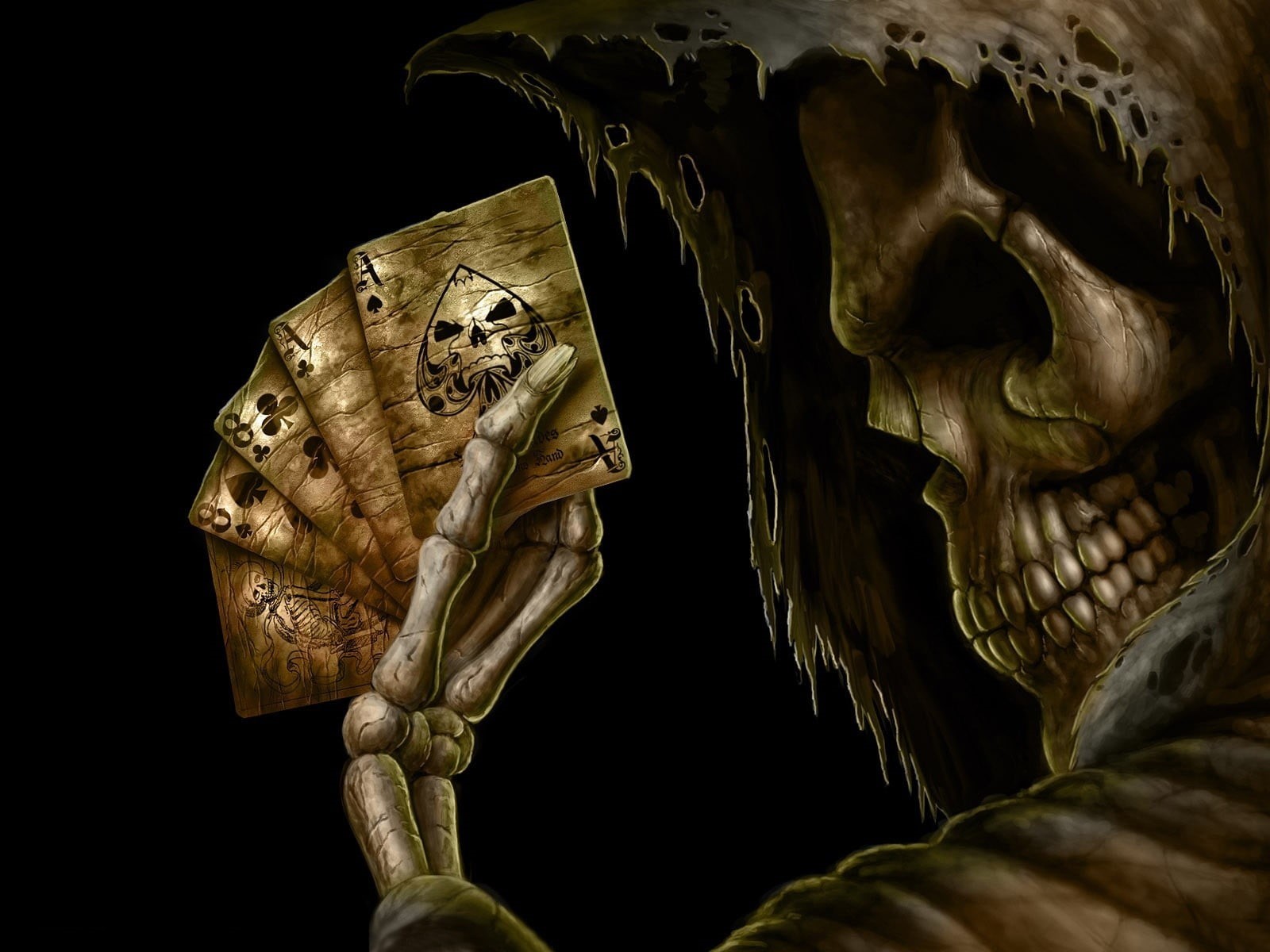 skull, death, studio shot, craft, 720P, close-up, poker, digital, ancient civilization, reaper, cards, indoors, the past, representation, no people, HD Wallpaper