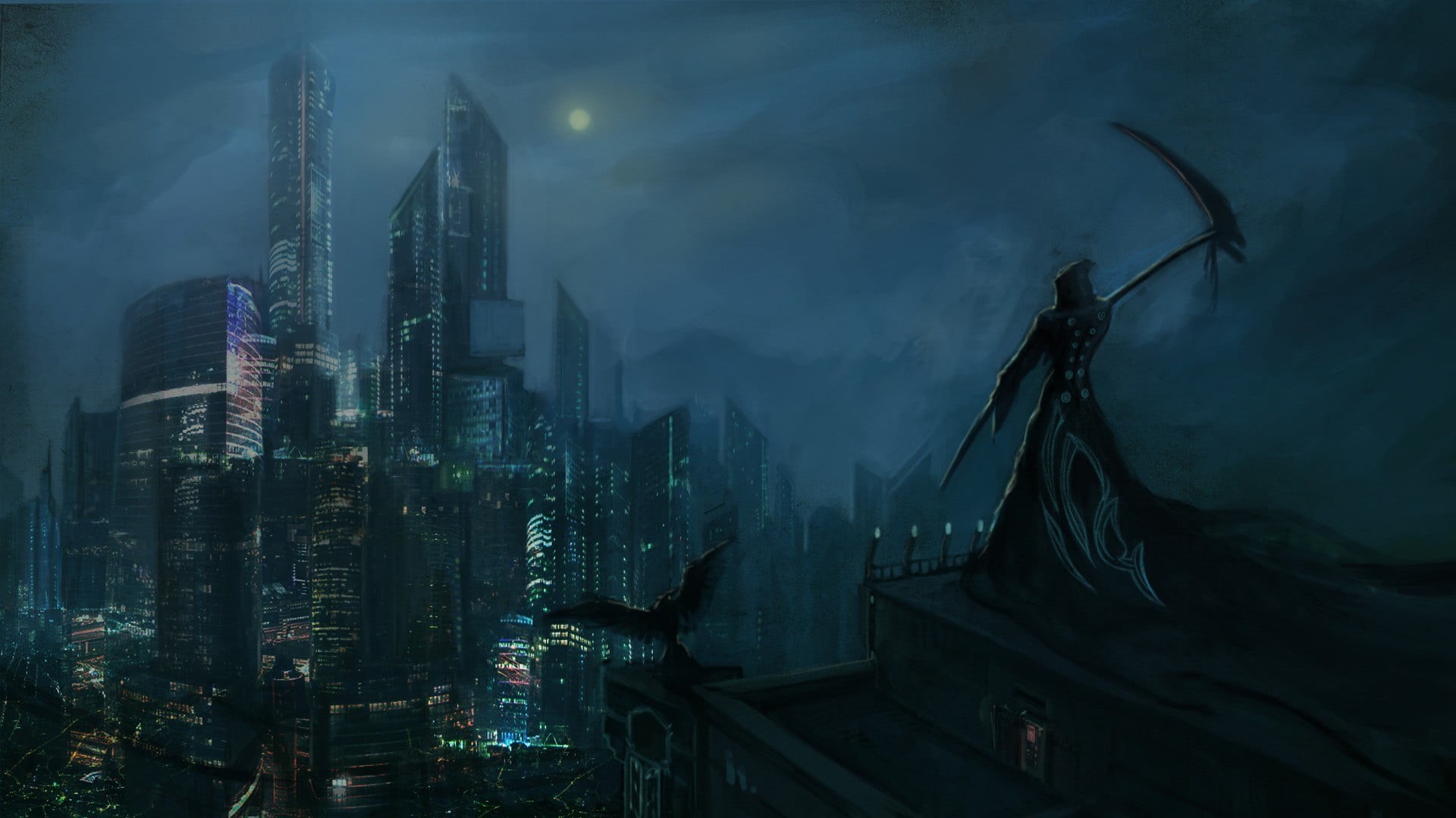 dusk, skyscraper, light - Natural Phenomenon, outdoors, grim, no People, modern, travel, horror, fantasy art, water, illustration, nature, urban Skyline, HD Wallpaper