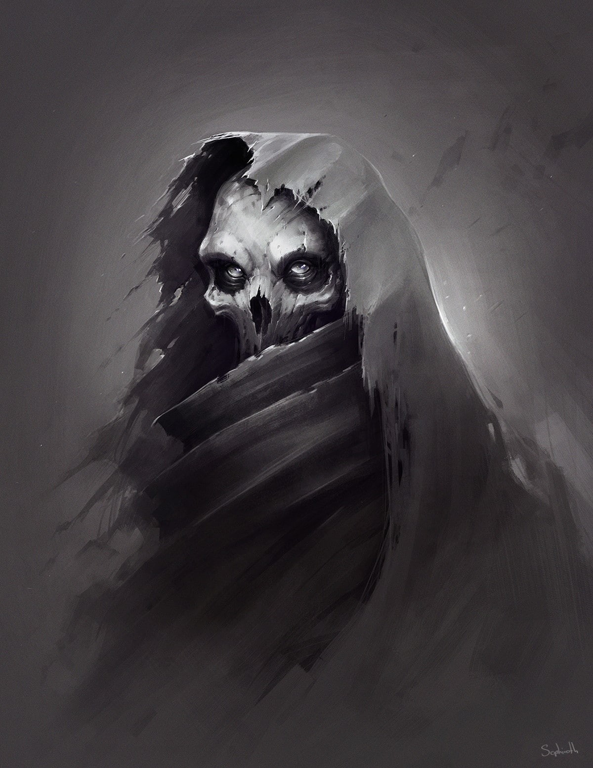 drawing, monochrome, digital art, hood, horror, Sephiroth Art, men, 720P, skull, Phone HD Wallpaper