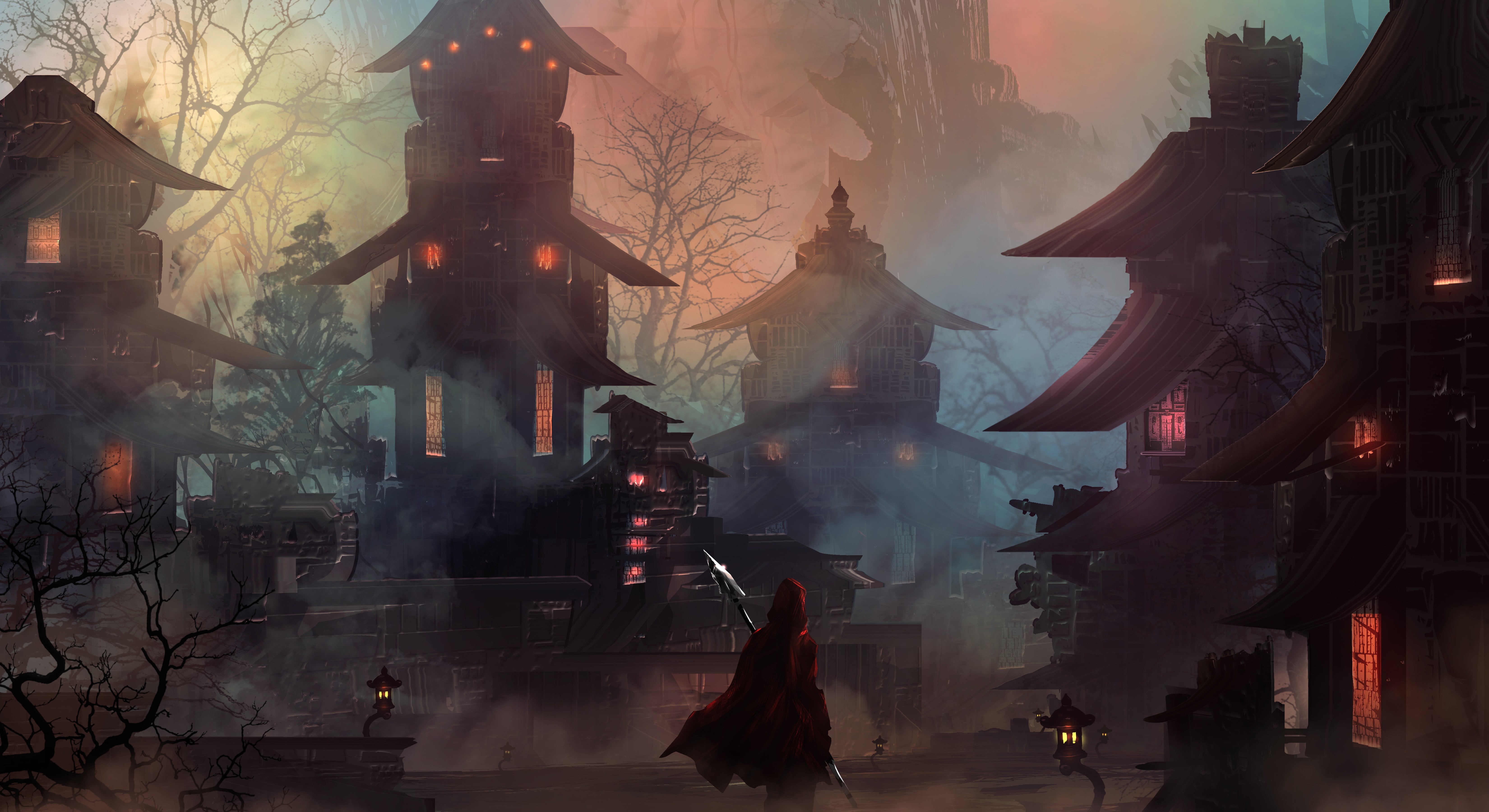 people, built structure, warrior, village, real people, hero, nature, religion, digital art, building, walking, house, eastern, mist, artwork, HD Wallpaper