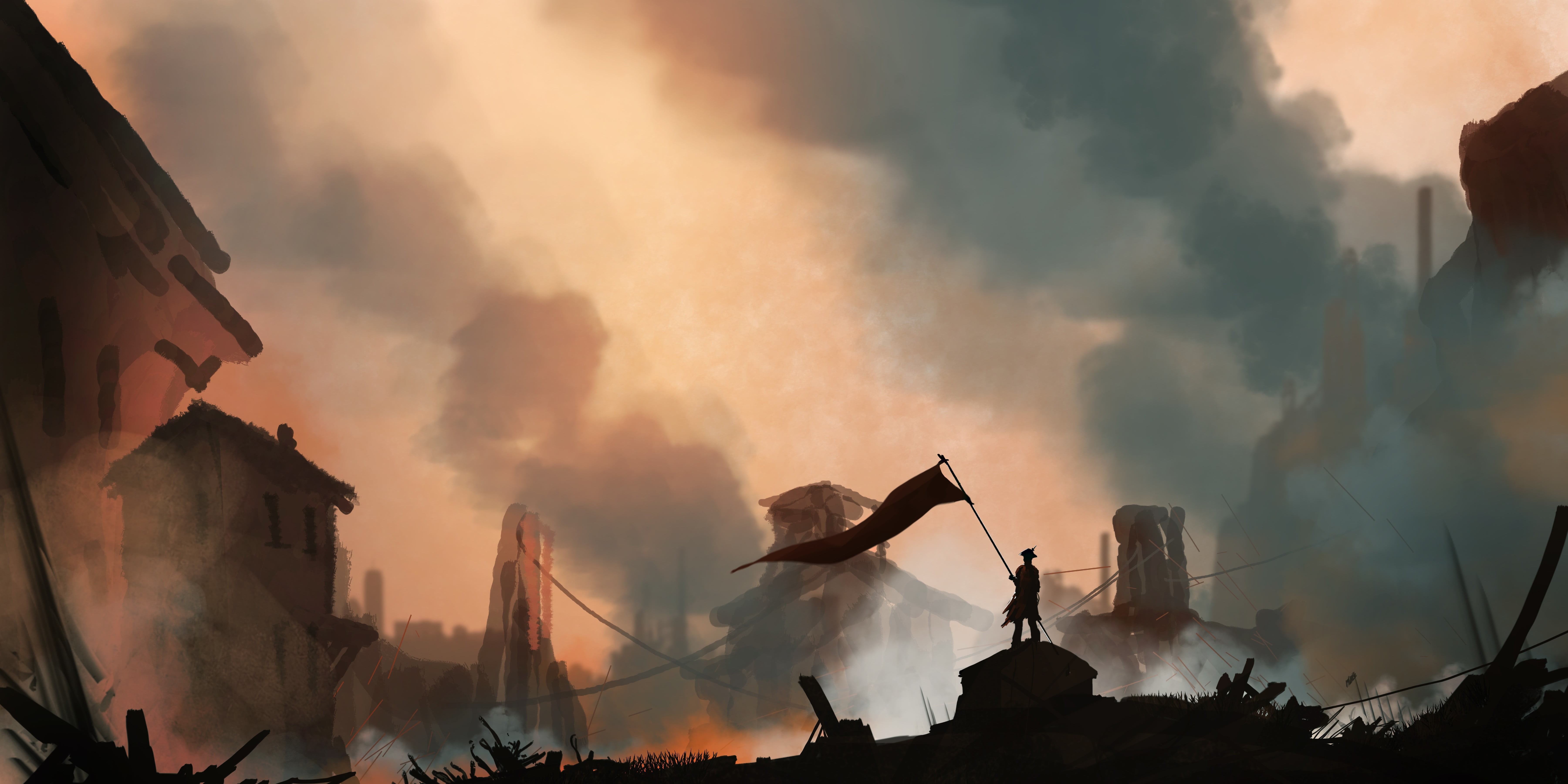 no people, DeviantArt, communication, hero, outdoors, flag, damaged, sunset, event, fantasy art, artwork, panoramic, architecture, fire, accidents and disasters, HD Wallpaper