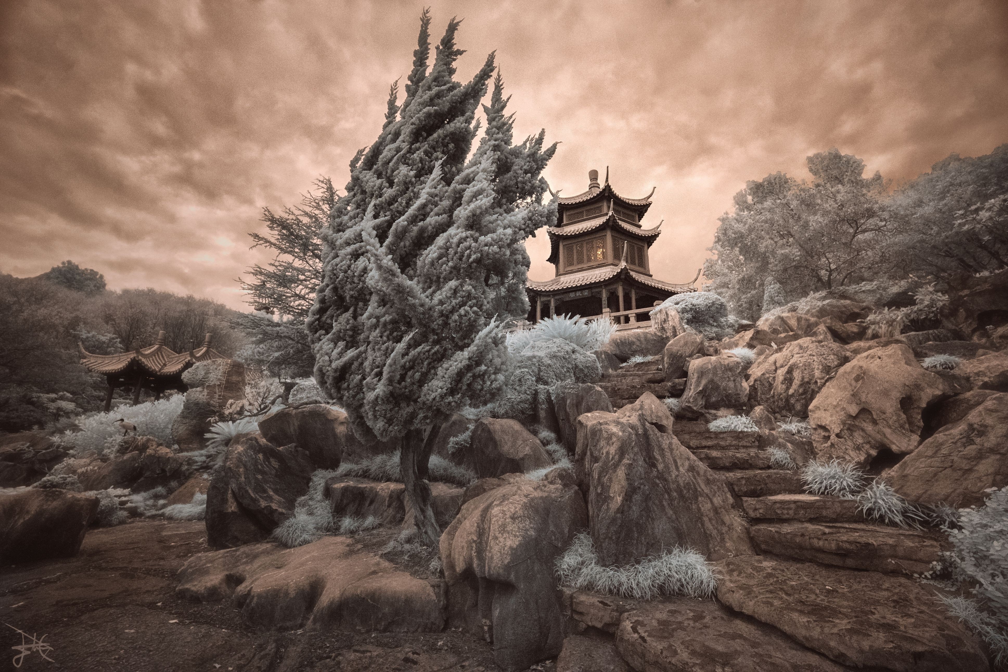 infrared, 4K, trees, rocks, photography, pagoda, HD Wallpaper