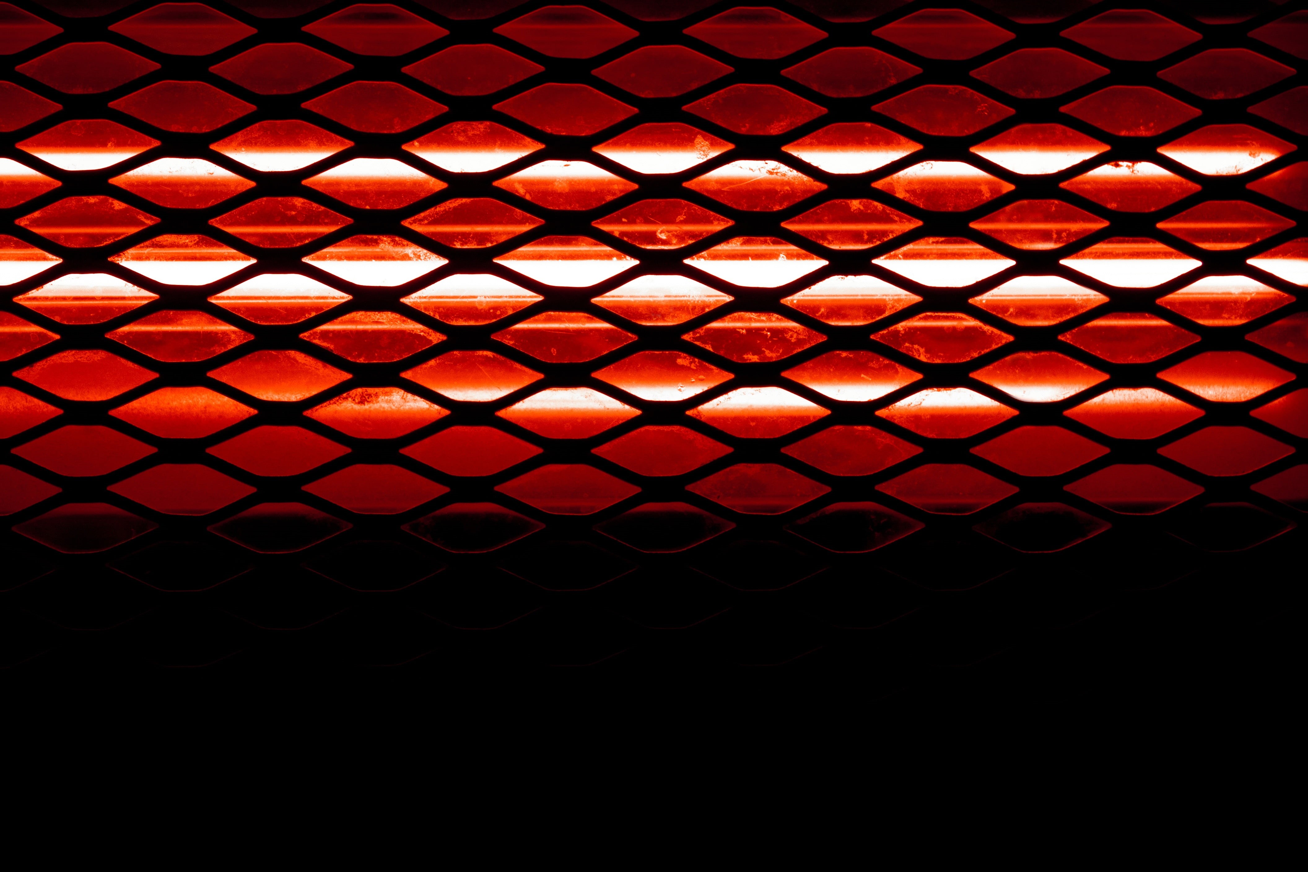 shape, black background, design, heater, repetition, grid, window, no people, metal, full frame, space, illuminated, textured, security, indoors, grate, HD Wallpaper
