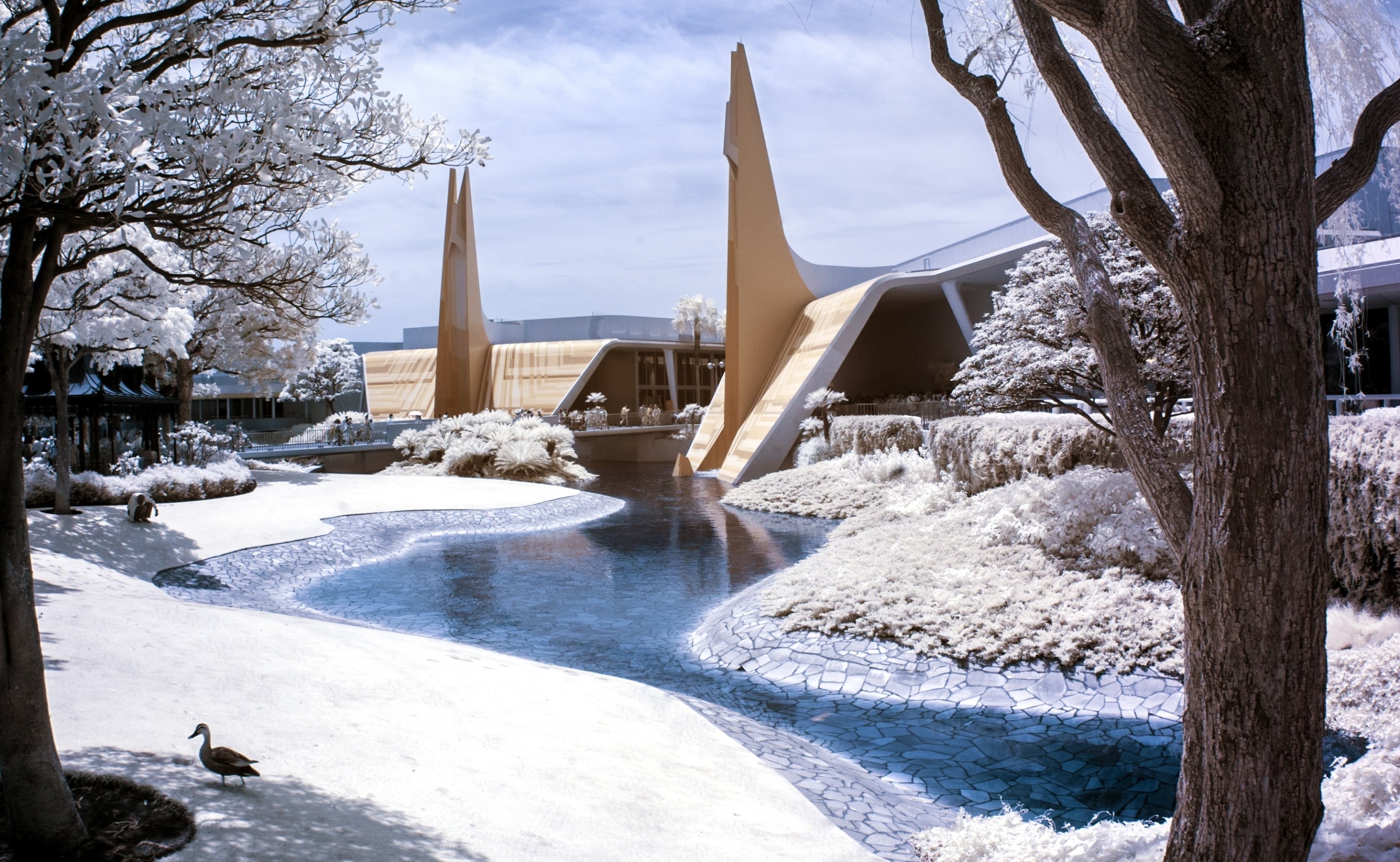 snow, no people, outdoors, tree, building exterior, art and craft, Seasons, building, tree trunk, cold temperature, plant, Tomorrowland, Disneyland, Tokyo, HD Wallpaper