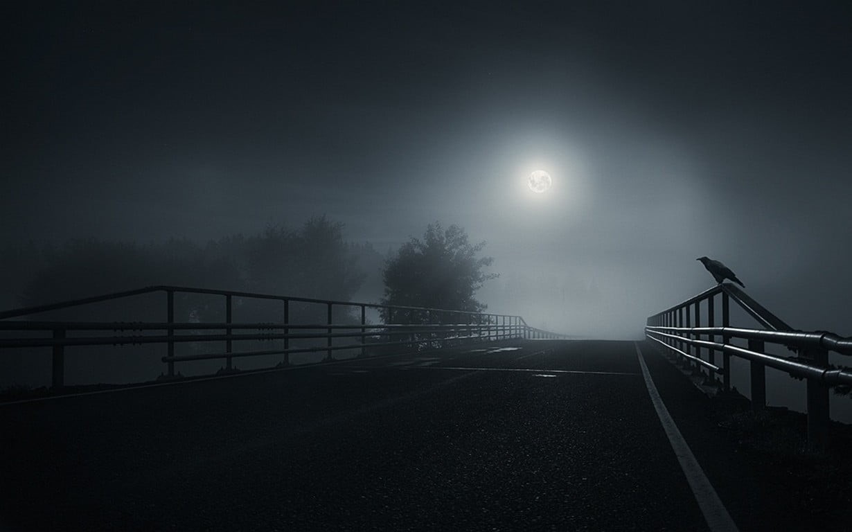 480P, grayscale, road, metal, full moon, transportation, architecture, night, crow, mist, fog, nature, landscape, illuminated, sky, no people, bridge, HD Wallpaper