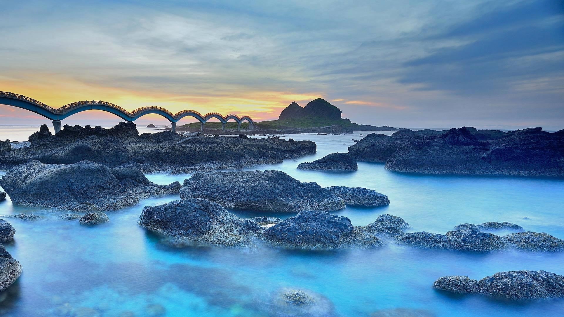 cloud - sky, solid, environment, tranquility, beauty in nature, coast, beach, calm, taiwan, china, water, sea, sky, sunset, no people, shore, land, sanxiantai arch bridge, HD Wallpaper