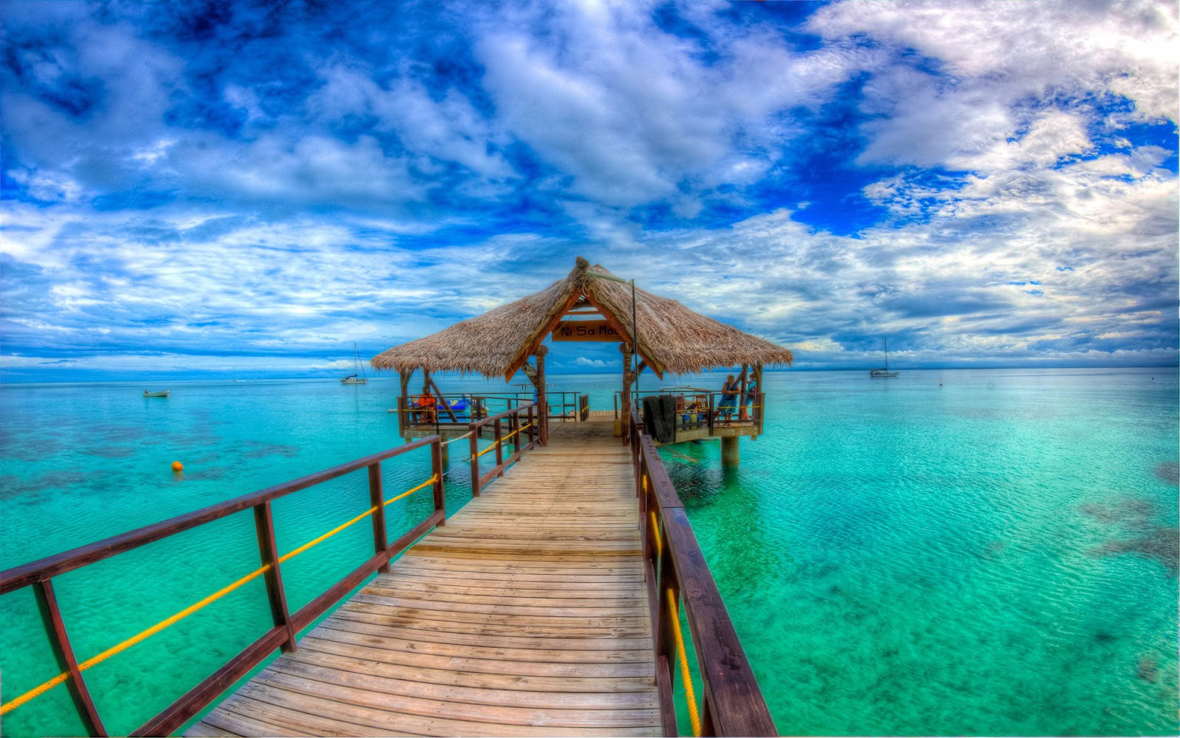 straw, island, outdoors, turquoise colored, beautiful, platform, tablet, beach, tranquil scene, turquoise, architecture, leleuvia, fiji, sea, ocean, cloud - sky, HD Wallpaper