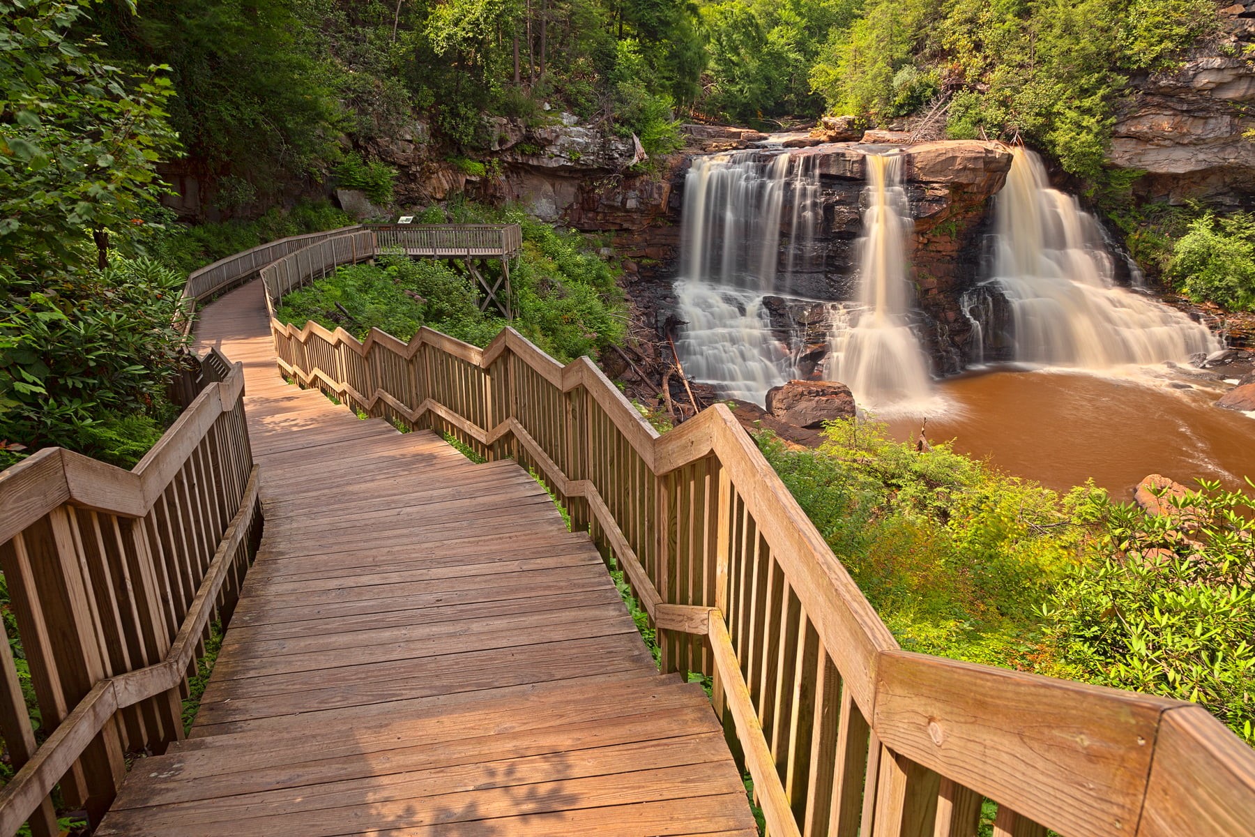 Blackwater Falls, staircase, blackwater, wooden, summer  season, river, forest, landscape, water, 720P, travel, outside, usa, stream, outdoor, blackwater  falls, HD Wallpaper