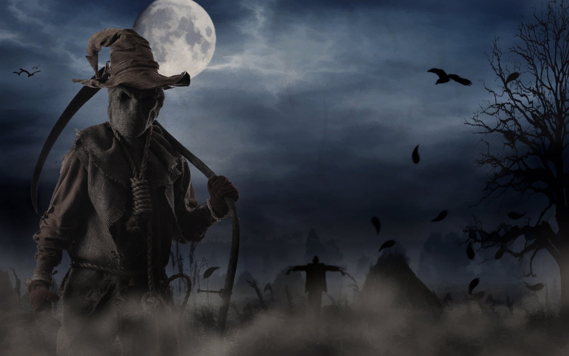 Scarecrow, overcast, digital composite, outdoors, tree, dusk, moon, leafless, Spooky, near, reaper, sculpture, full, Dark, no people, grim, Grim Reaper, HD Wallpaper
