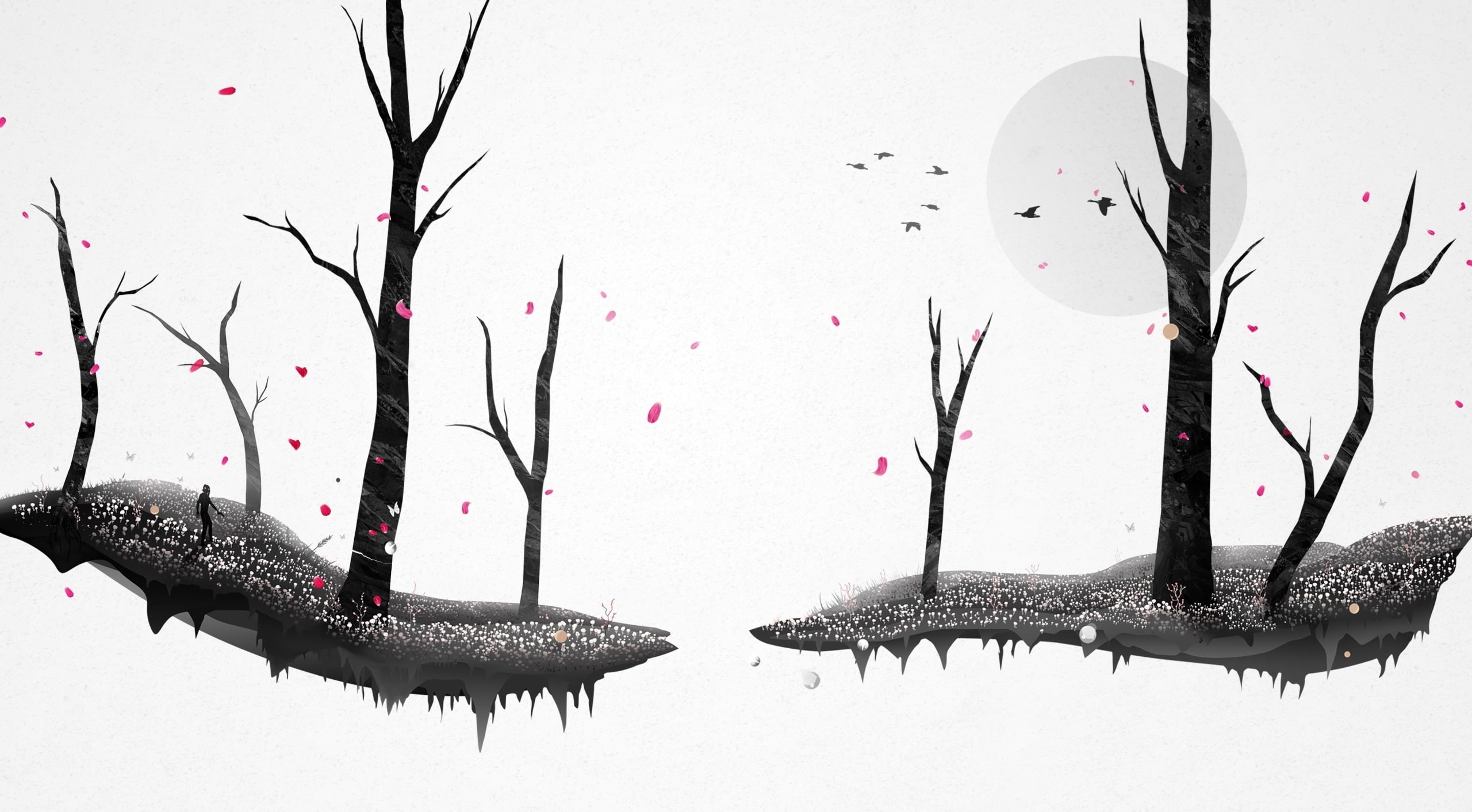 snow, illustration, White, outdoors, ink, nature, animal, animal themes, black color, tree, wall - building feature, plant, 2K, Vector Art, cold temperature, HD Wallpaper