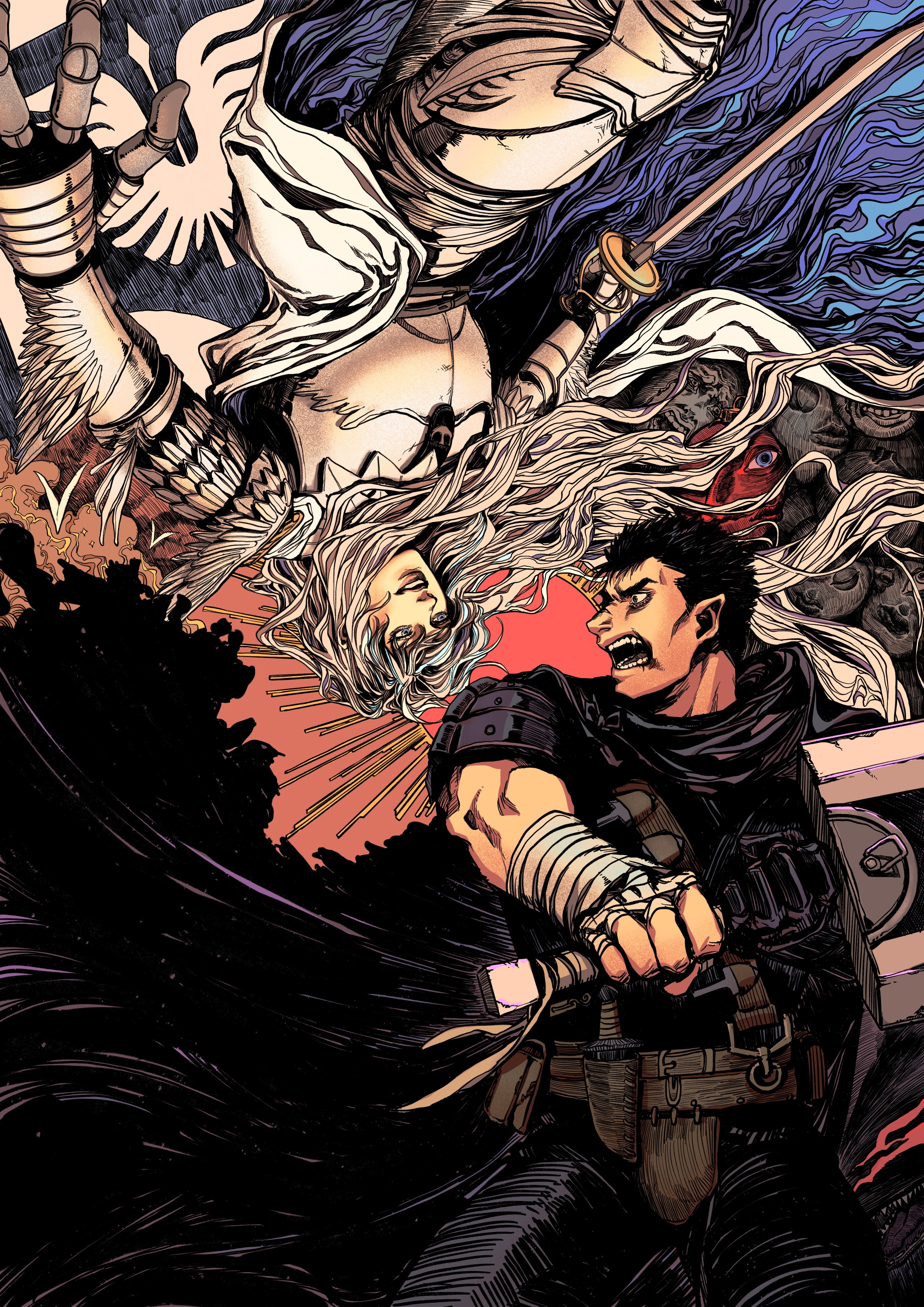 5K, Berserk, fan art, Griffith, fantasy art, anime, Black Swordsman, Guts, Phone HD Wallpaper