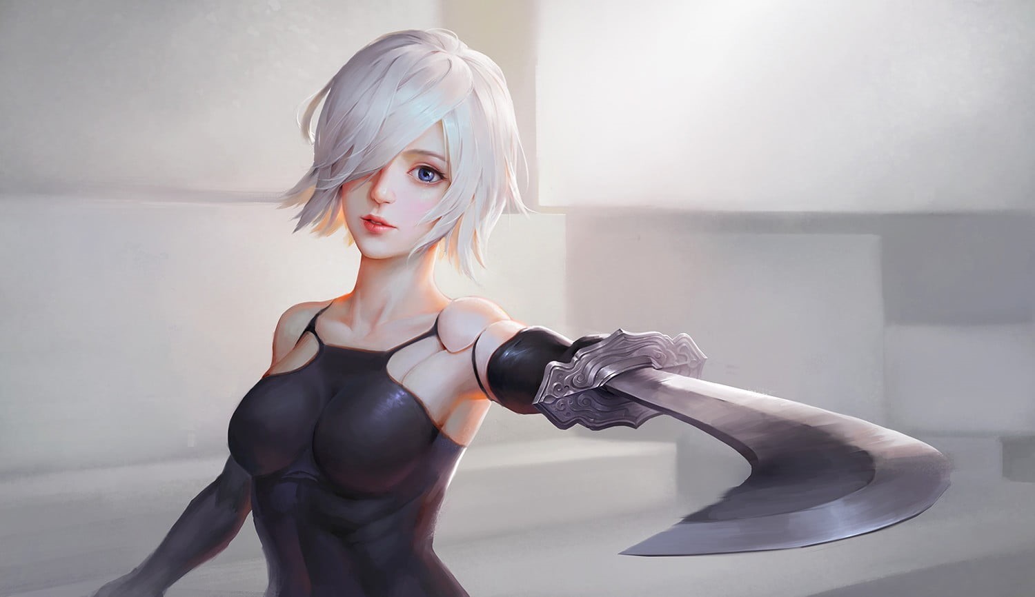 one person, swordsman, warrior, hair, Nier: Automata, NieR, hairstyle, young women, females, beautiful woman, modern, cyborg, indoors, blond hair, HD Wallpaper
