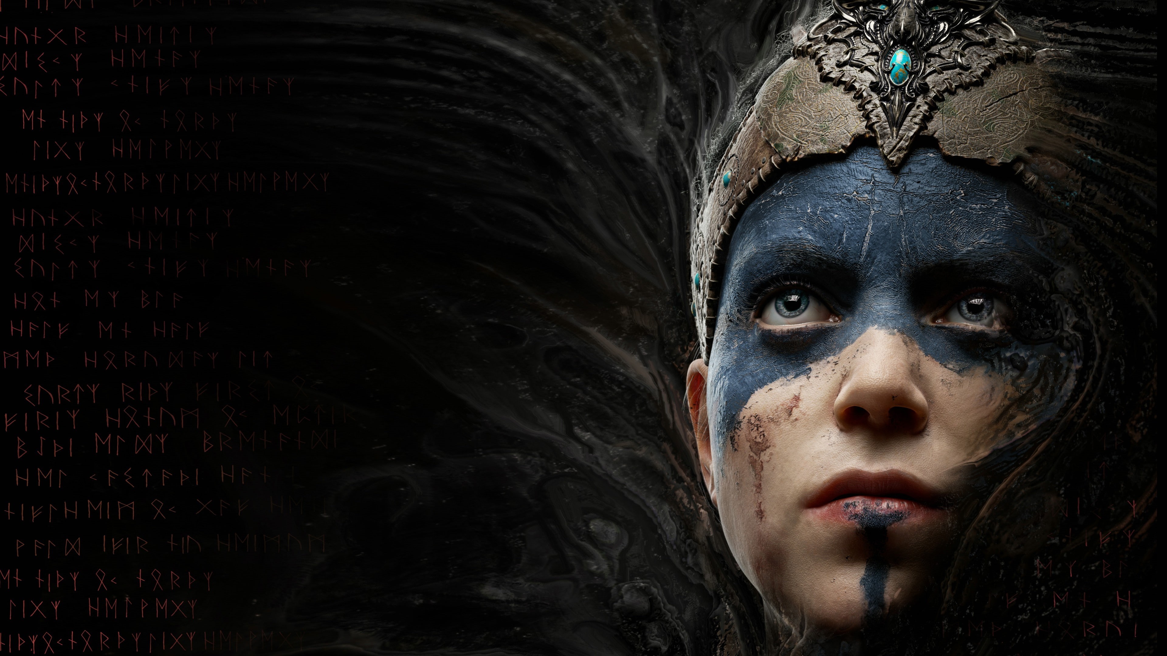 headshot, one person, black color, human face, representation, Hellblade: Senuas Sacrifice, emotion, front view, contemplation, adult, dark, 4K, human representation, HD Wallpaper