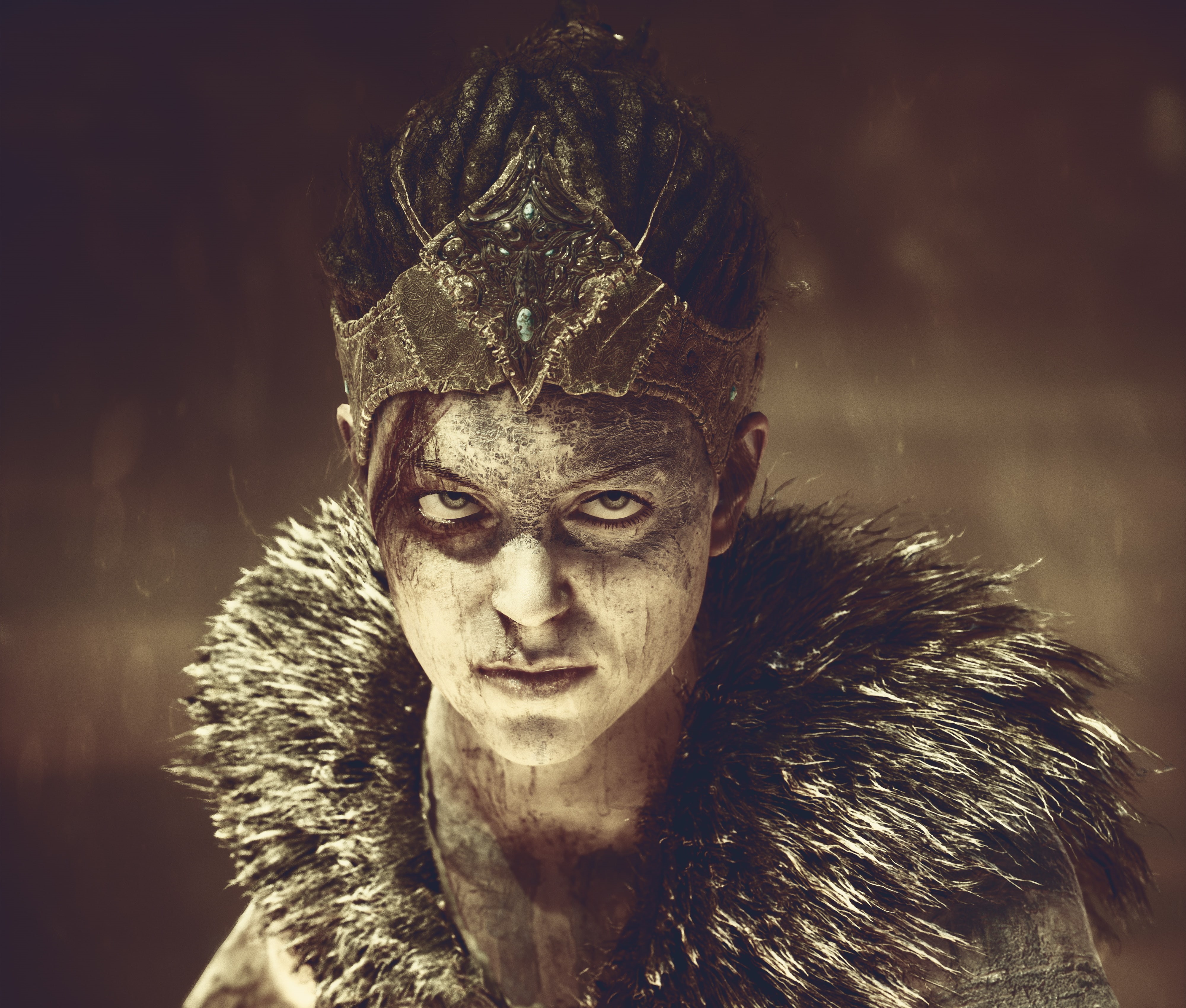 4K, outdoors, human face, Senua, front view, horror, costume, halloween, day, adult, young adult, portrait, fantasy, looking at camera, one person, close-up, HD Wallpaper