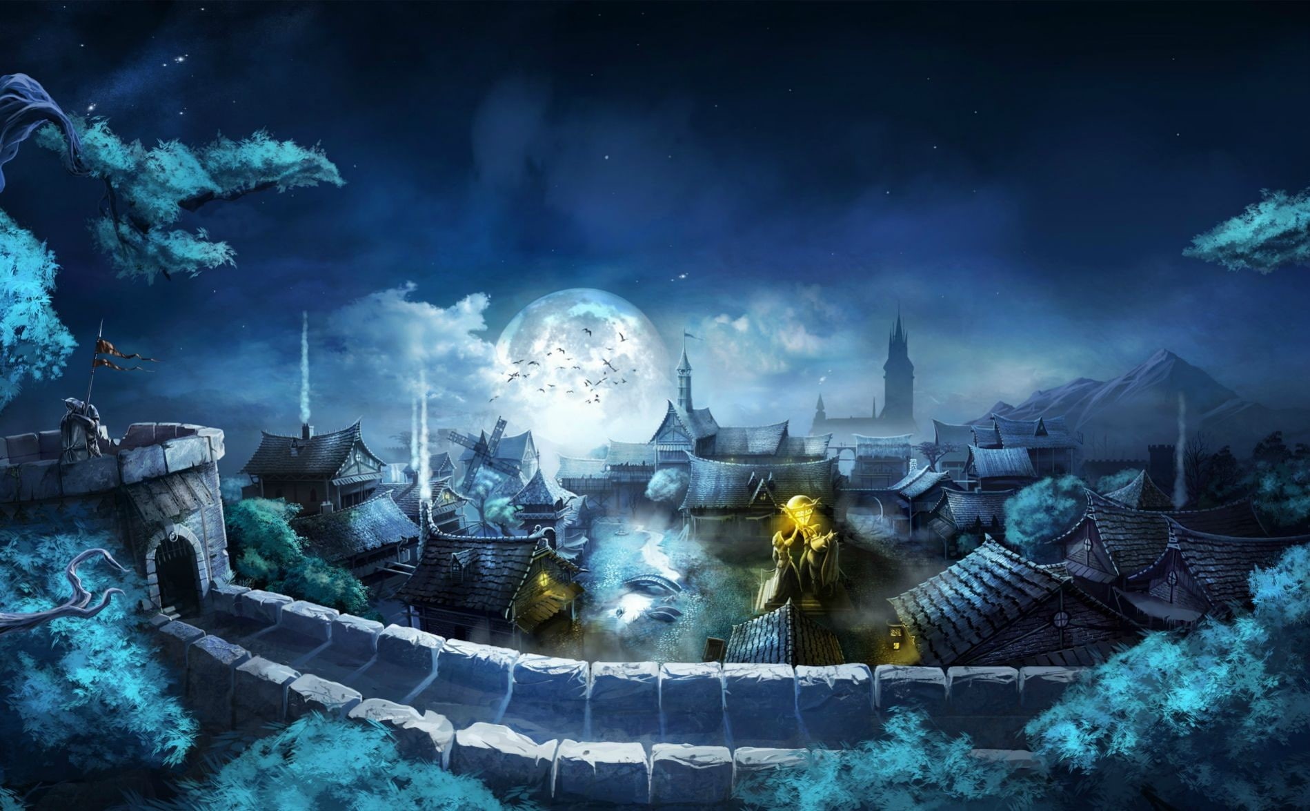 building, place of worship, Moon, illuminated, built structure, digital composite, fantasy art, night, religion, belief, Chinese architecture, Trine, architecture, HD Wallpaper