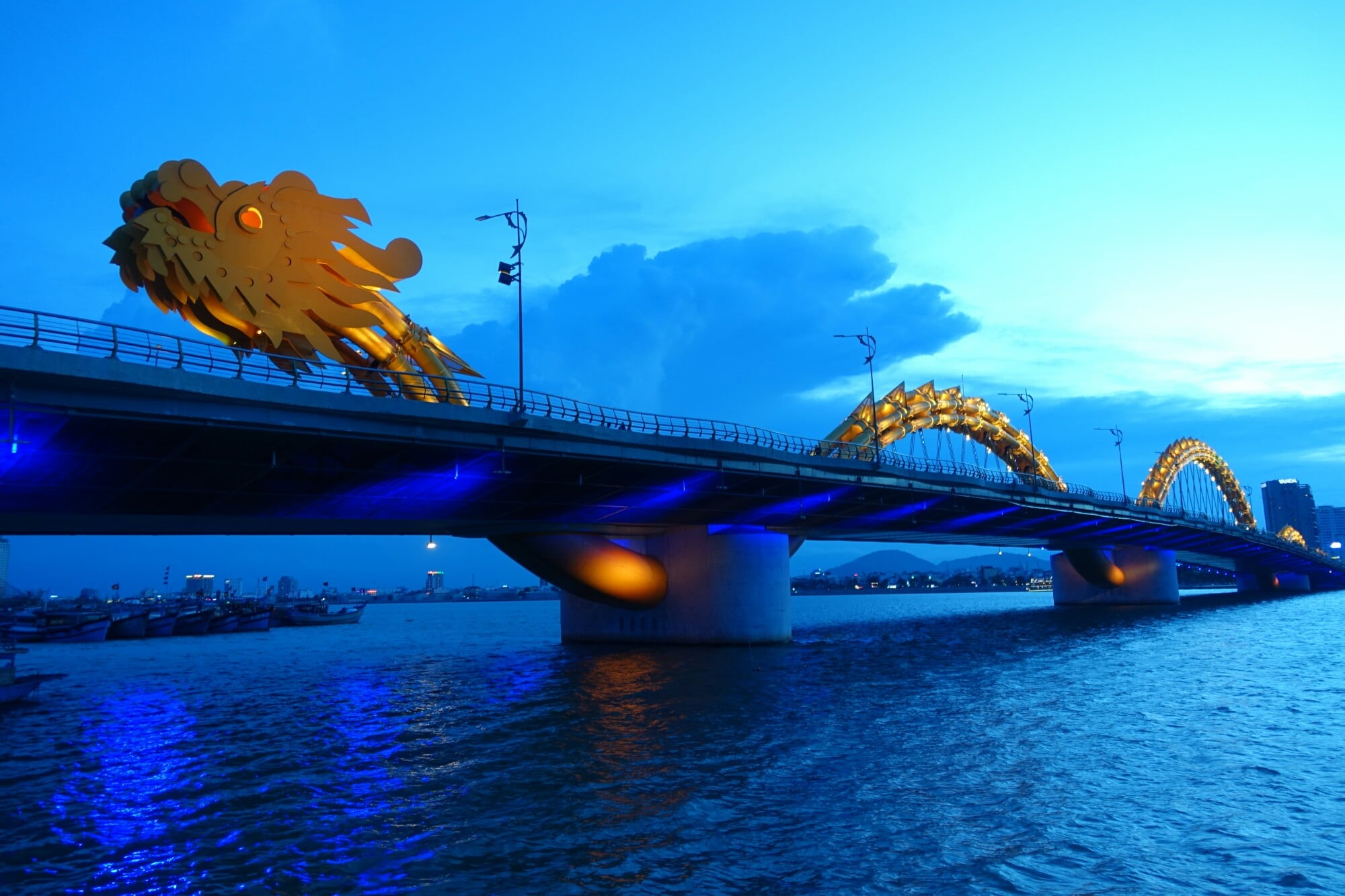 chinese dragon, architecture, clouds, river, Danang, evening, 1080P, dragon, water, Asia, Vietnam, blue, bridge, cityscape, boat, lights, HD Wallpaper