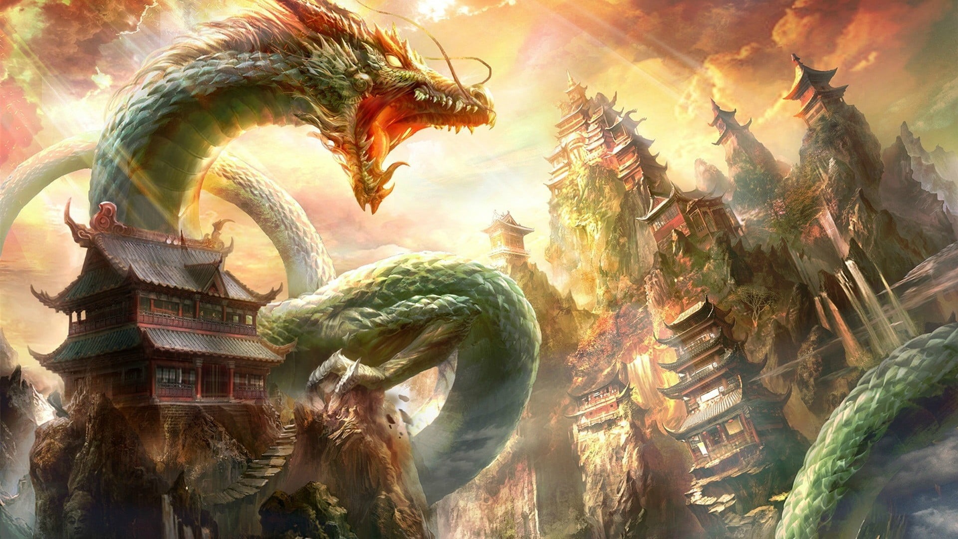 no people, outdoors, the past, representation, day, house, green, illustration, Chinese architecture, dragon, architecture, art and craft, sky, nature, HD Wallpaper