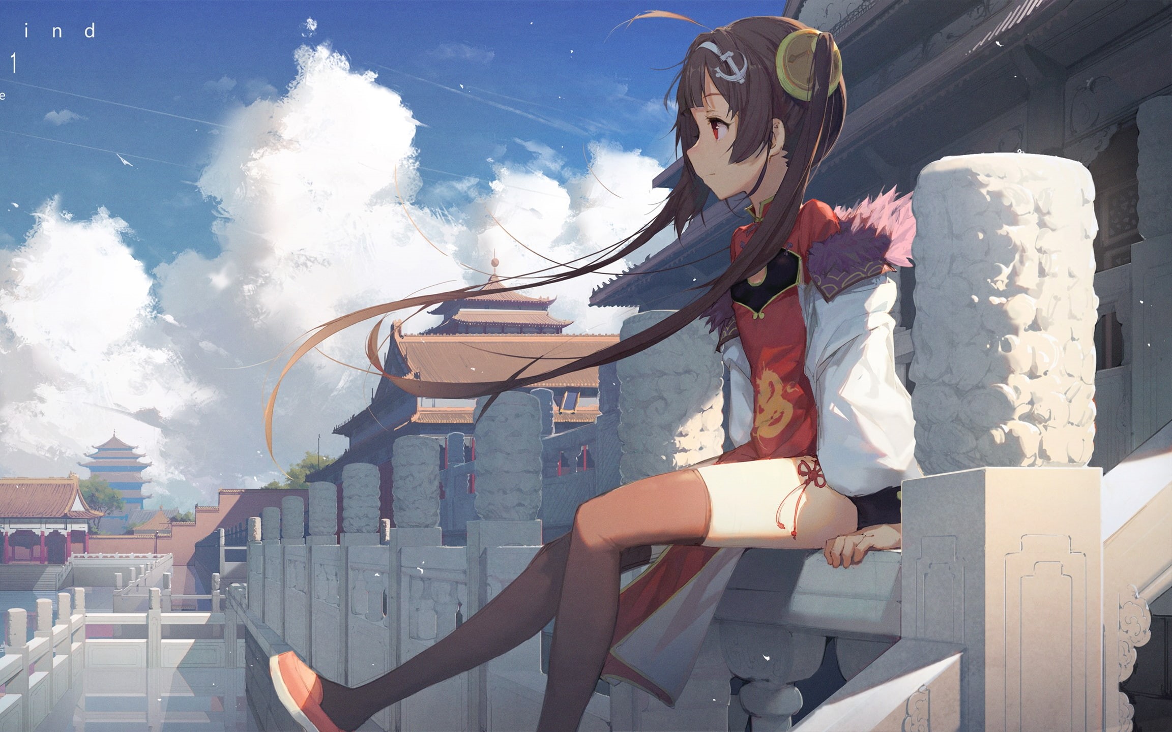 kieed, Azur Lane, 1080P, Chinese dress, sky, Chinese architecture, HD Wallpaper