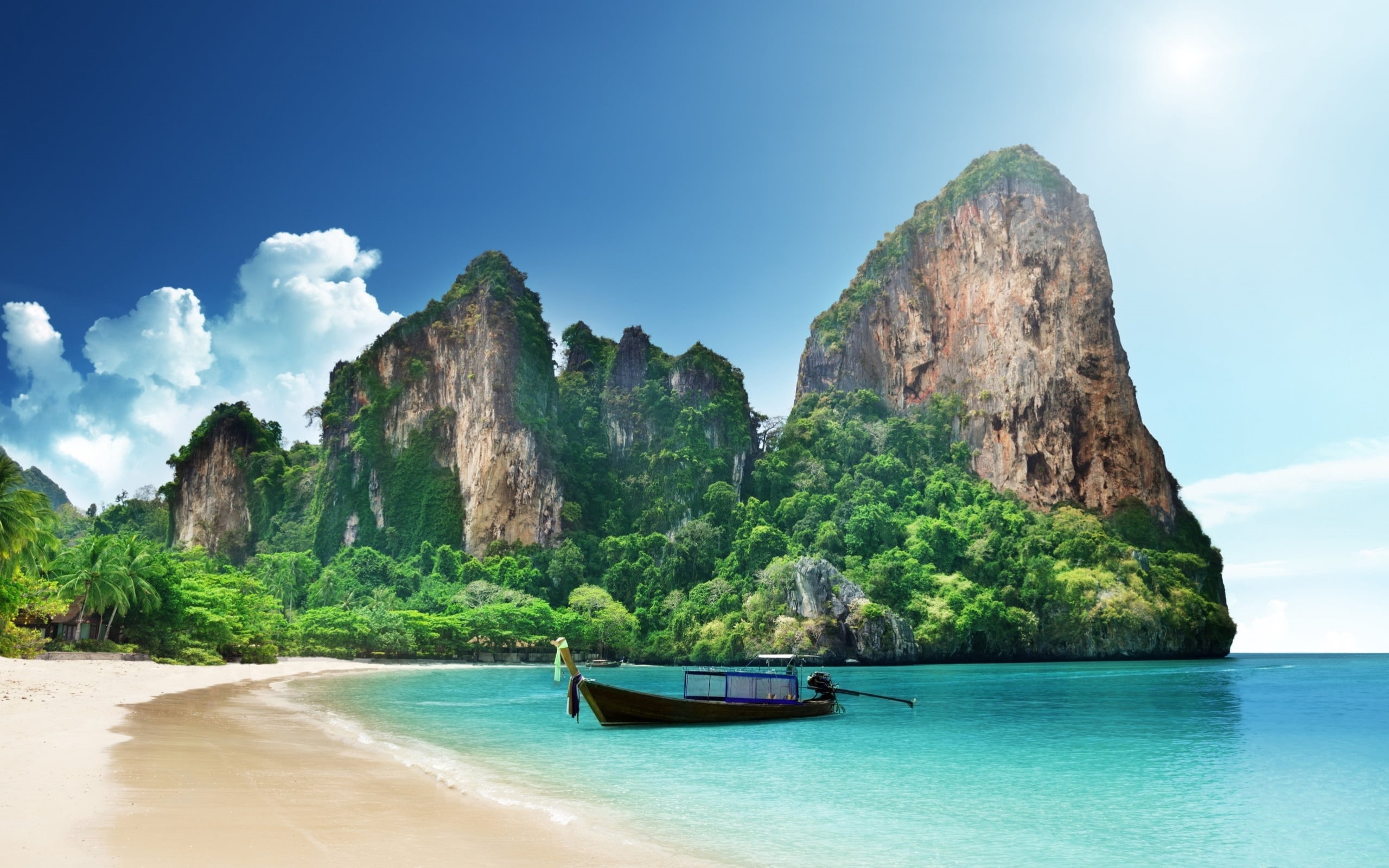 sea, asia, krabi, water, famous Place, lagoon, 2K, fishing, transportation, tourism, longtail, travel, andaman Sea, nature, scenics - nature, tranquility, HD Wallpaper