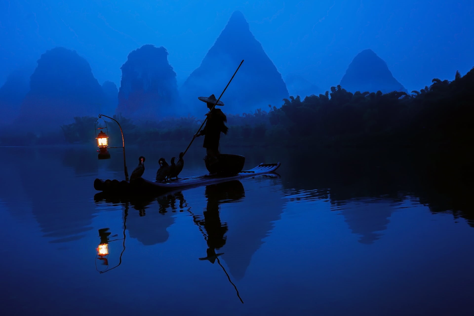 asia, two people, tourism, wooden Raft, fog, adventure, cormorant, cormorants, li River, travel, real people, landscape, people, 1080P, sunset, forest, HD Wallpaper