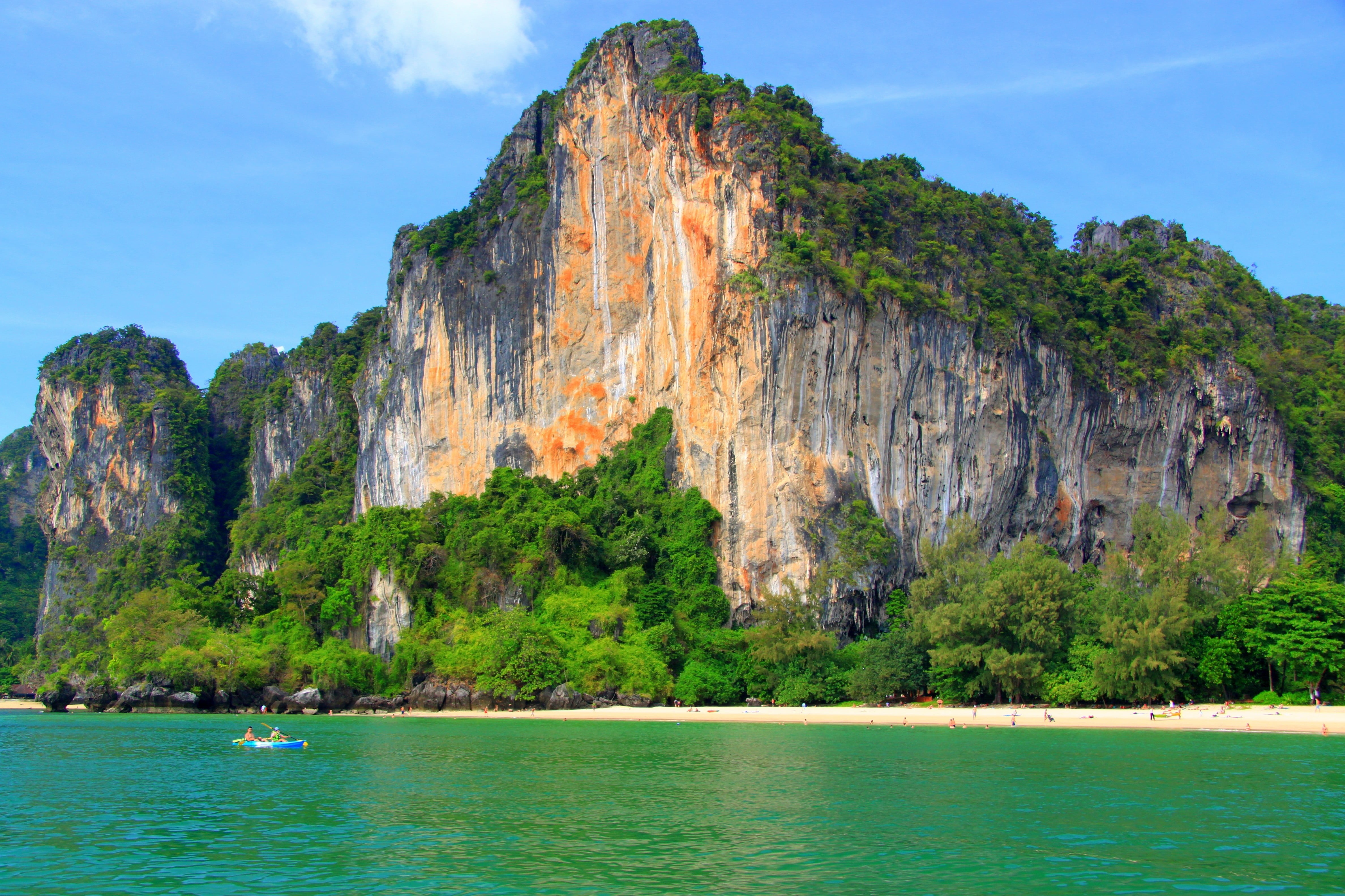 tranquil scene, tropics, solid, water, tranquility, summer, scenics - nature, waterfront, asia, coastline, beach, cliff, rock, formation, sky, green Color, HD Wallpaper