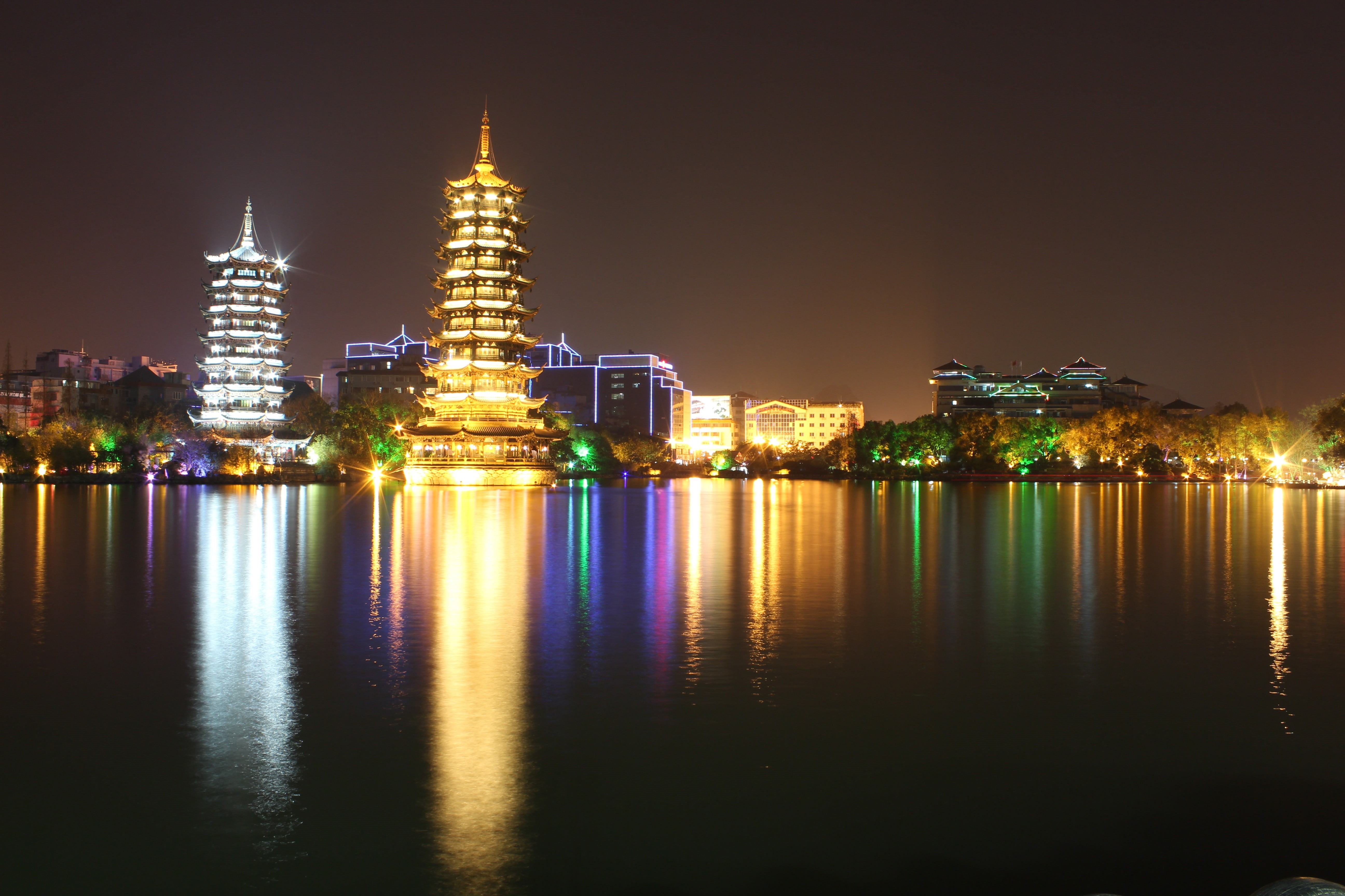 building exterior, night, red, lighted, city, office building exterior, 5K, religion, built structure, cityscape, architecture, Guilin, illuminated, tourism, HD Wallpaper