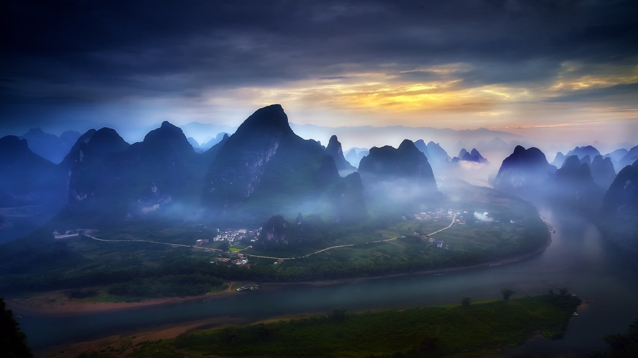 mountains, mountain, sunset, environment, tranquil scene, river, cloud - sky, sky, morning, mountain peak, untitled, outdoors, fog, landscape, road, travel destinations, HD Wallpaper
