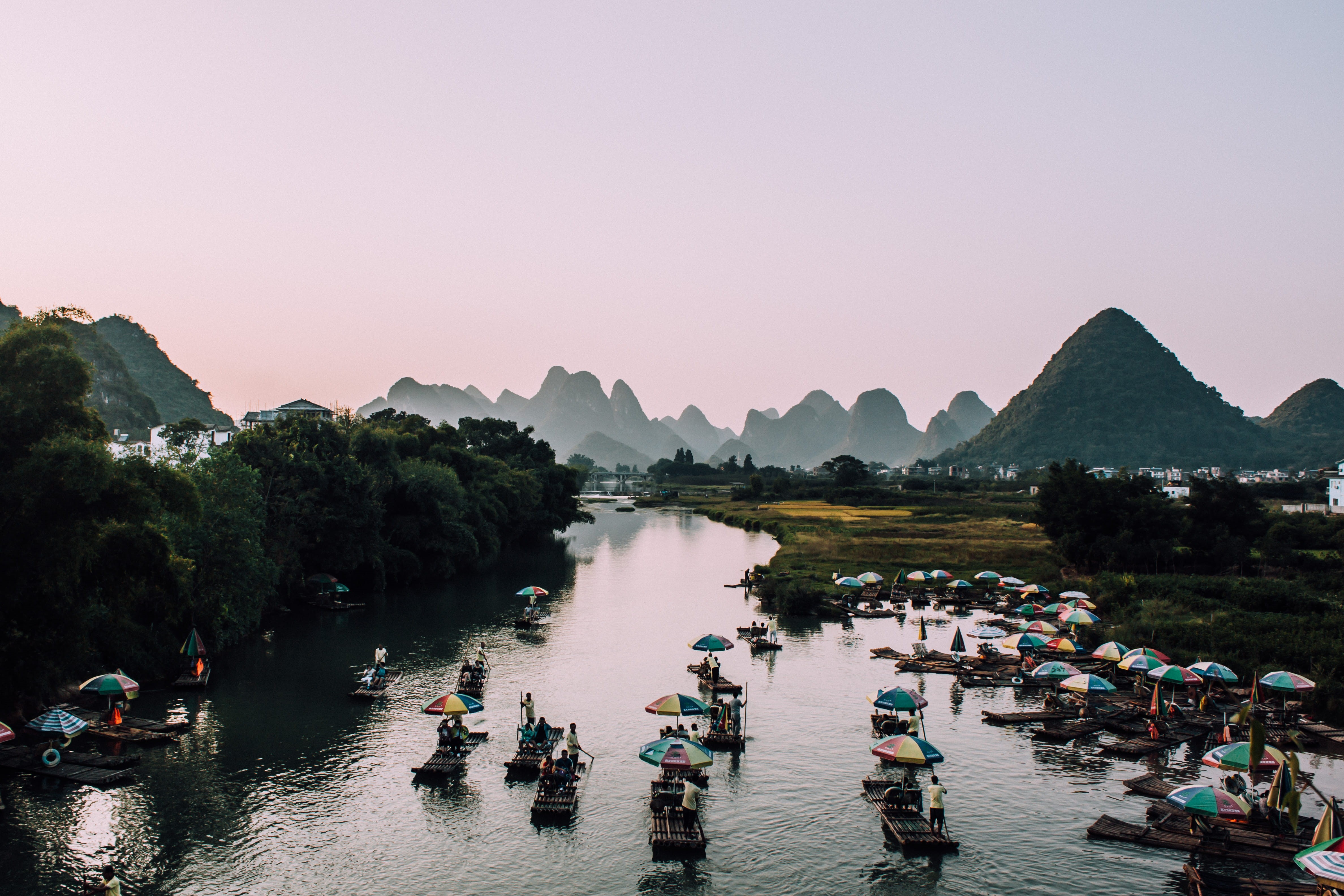 sunset, nature, mode of transportation, group of people, mountain range, plant, waterfront, guilin, men, outdoors, 4K, sky, nautical vessel, transportation, HD Wallpaper