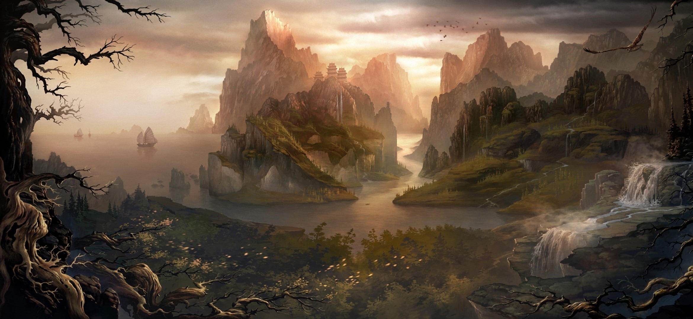 scenics, cloud - Sky, home, gray, sailboats, sandstone, outdoors, fog, land, guangxi Zhuang Autonomous Region - China, sunrise - Dawn, summer, limestone, HD Wallpaper